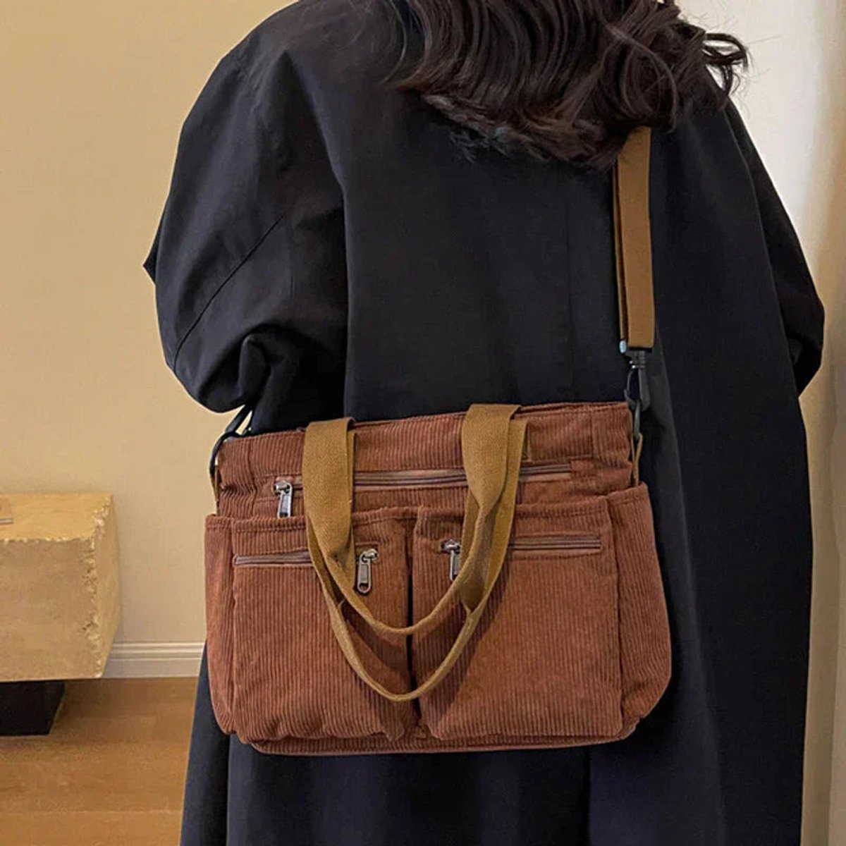 Corduroy Multi-Pocket Convertible Tote Bag