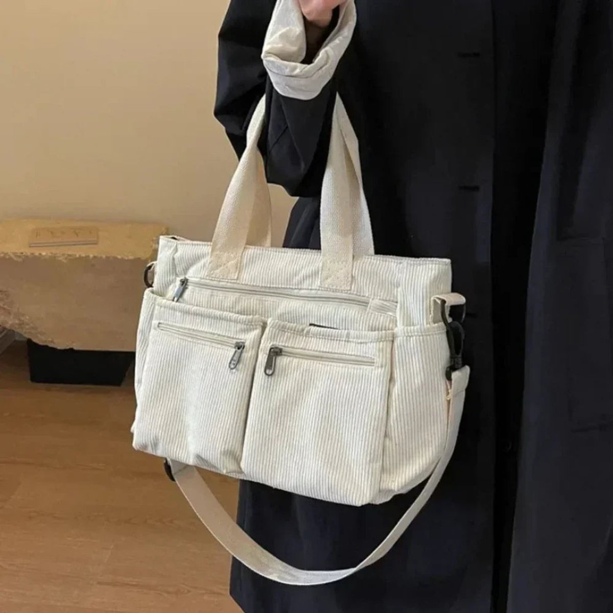 Corduroy Multi-Pocket Convertible Tote Bag