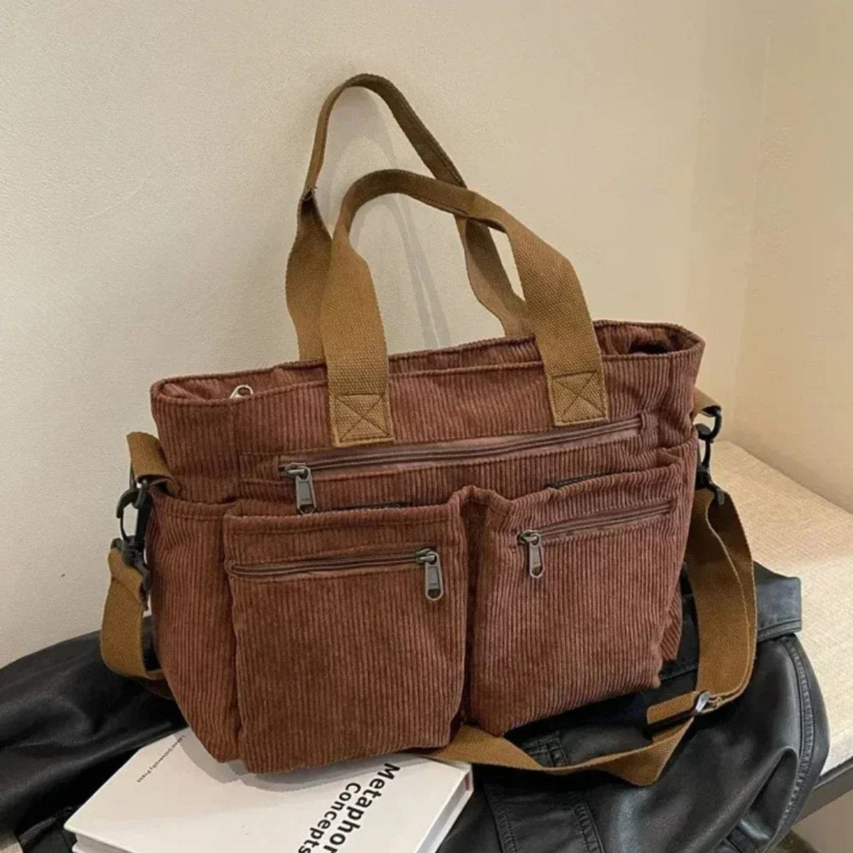Corduroy Multi-Pocket Convertible Tote Bag - Braun