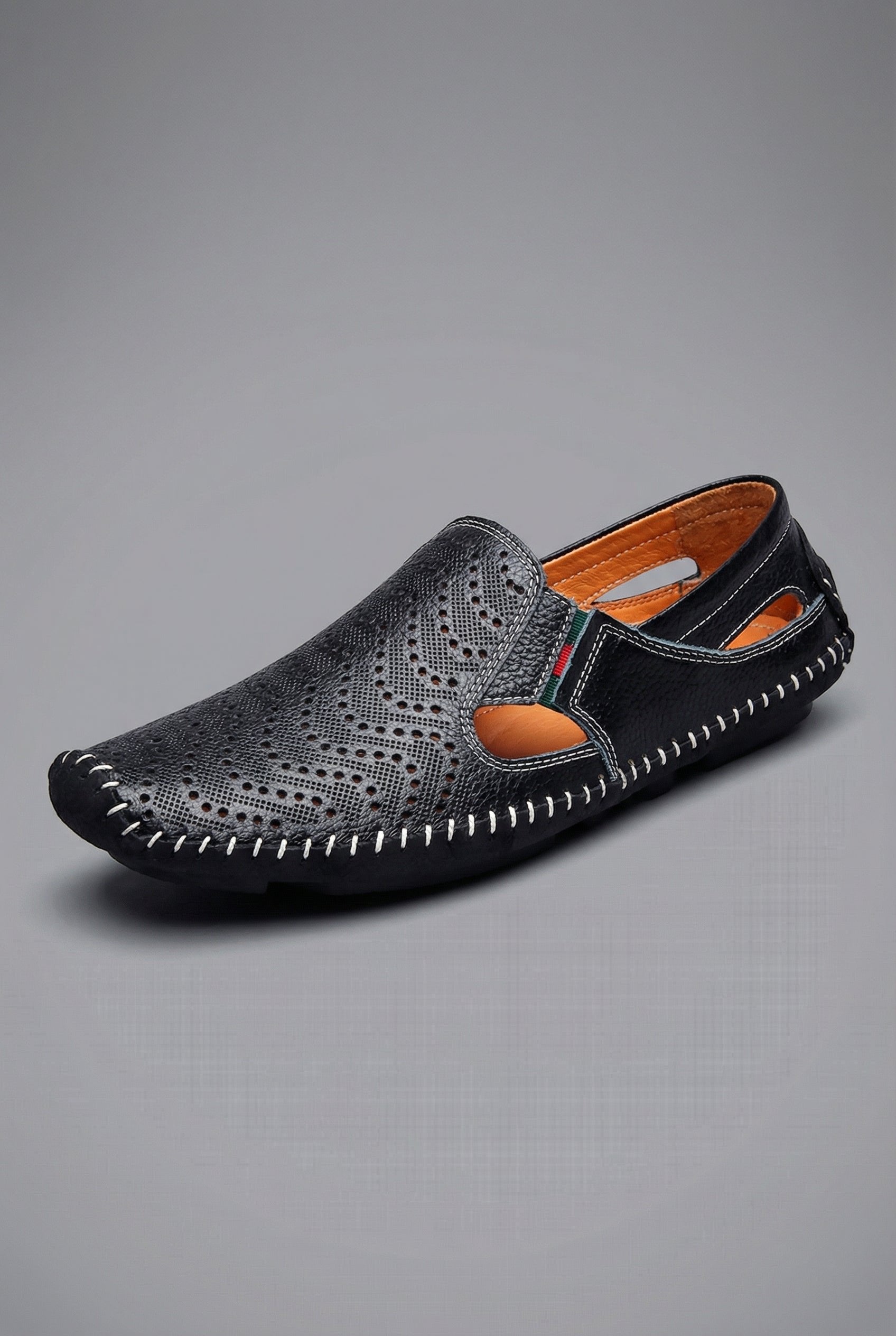 Men's Perforated Hand-Stitched Slip-On Driving Loafers - Black