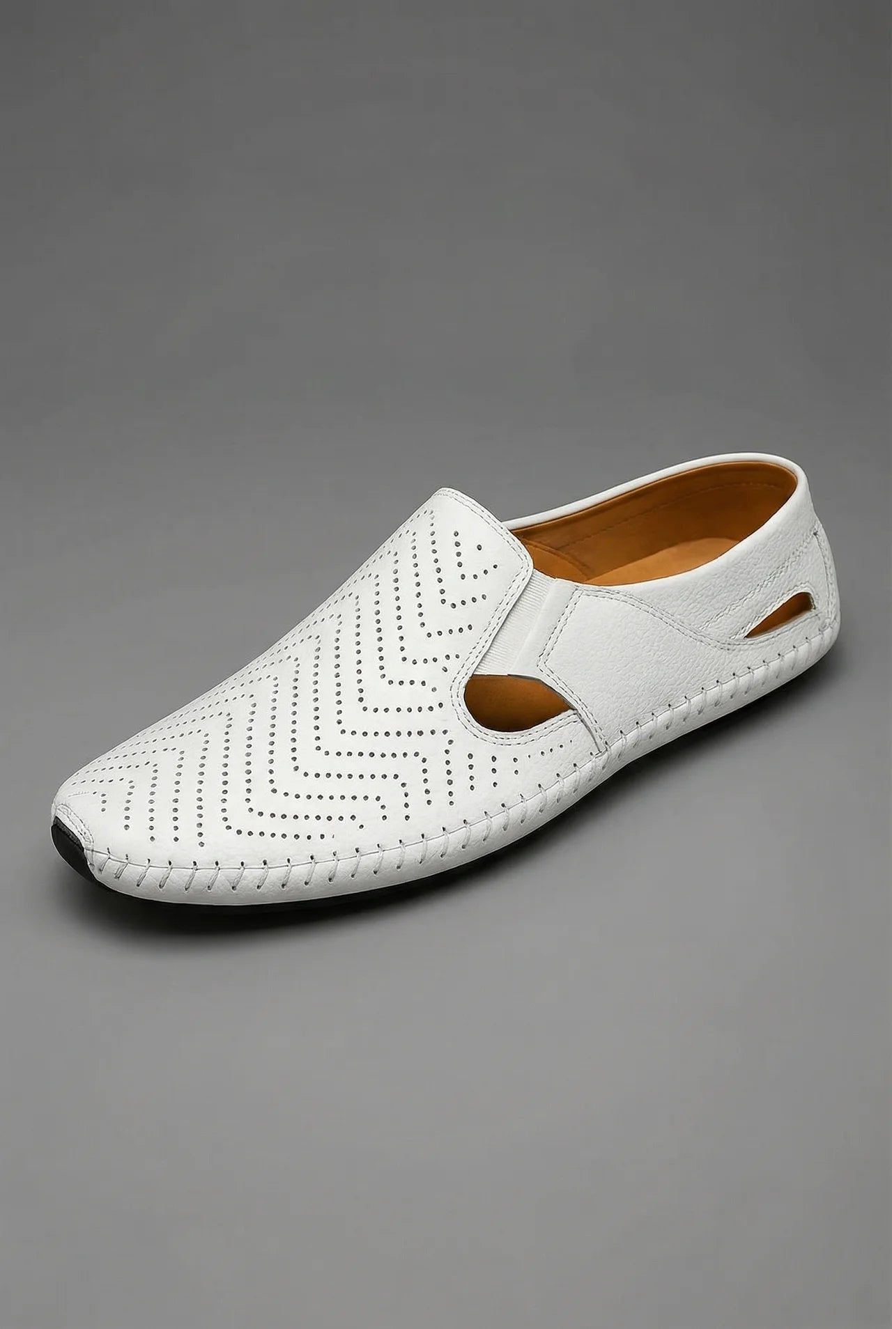 Men's Perforated Hand-Stitched Slip-On Driving Loafers - White