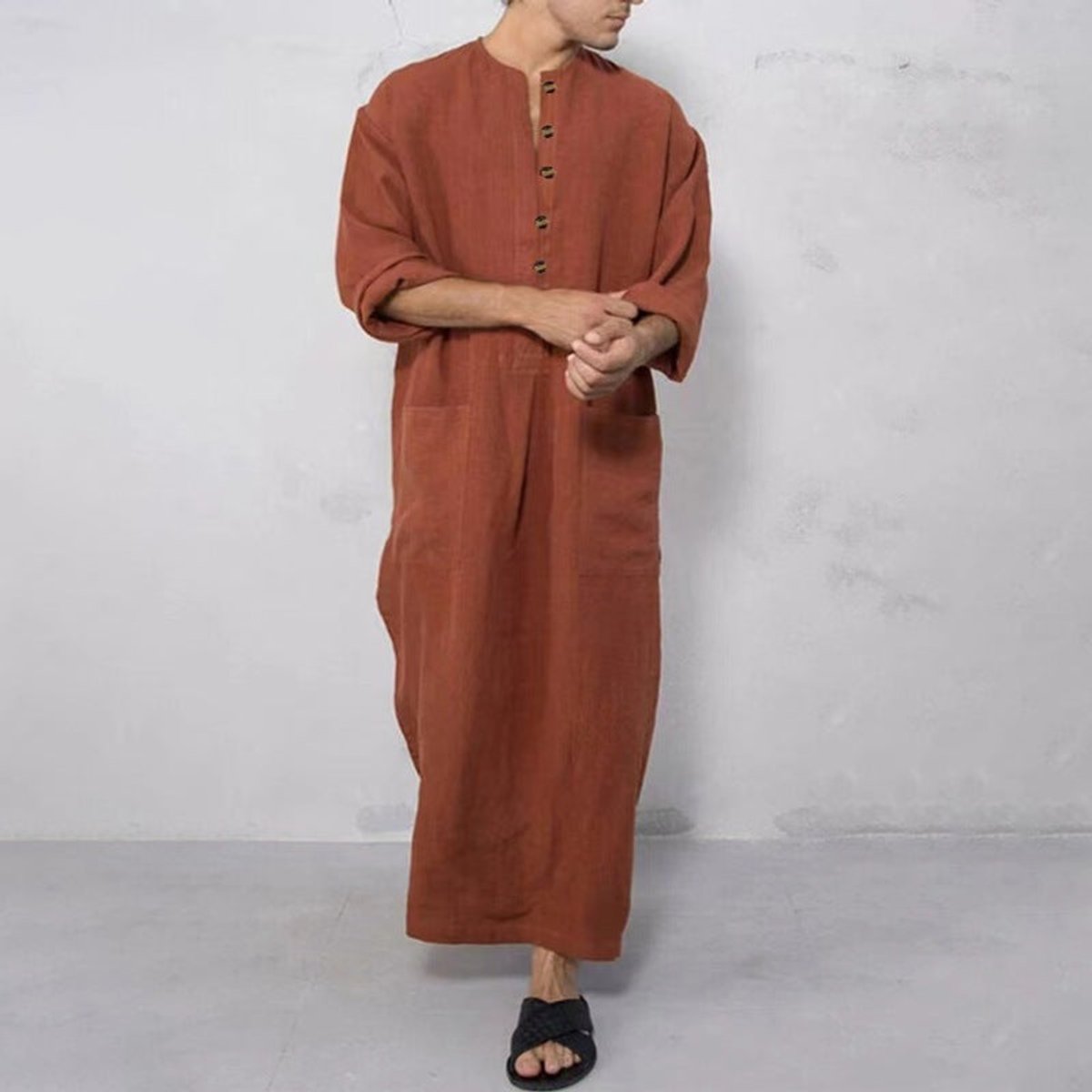 Men's Relaxed-Fit Linen Maxi Tunic Kaftan Button-Front