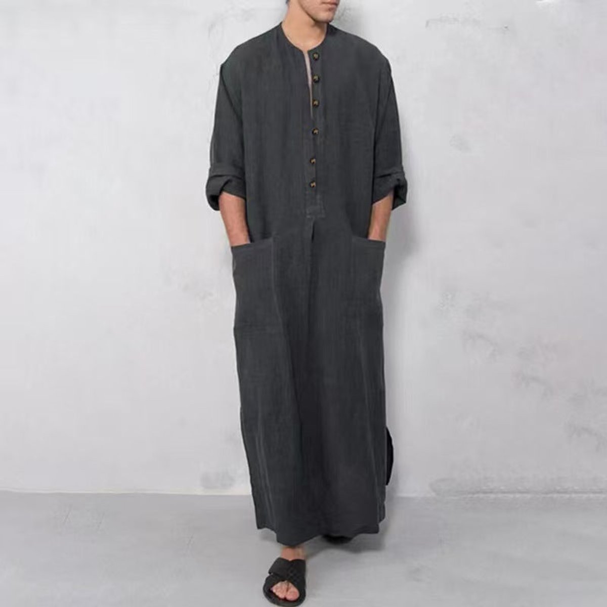Men's Relaxed-Fit Linen Maxi Tunic Kaftan Button-Front