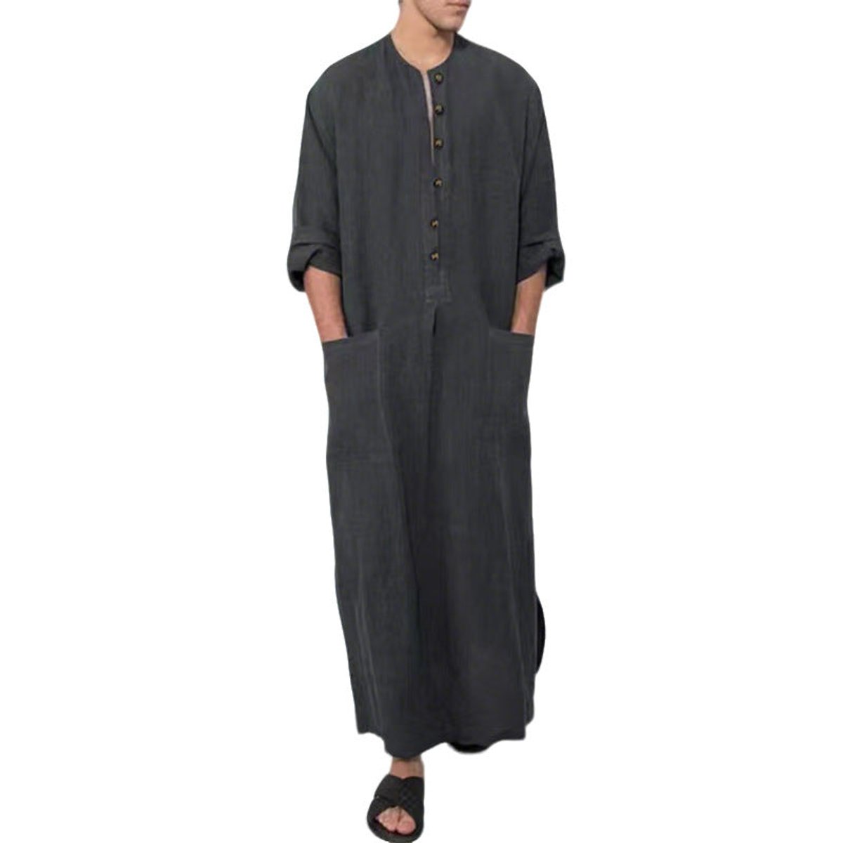 Men's Relaxed-Fit Linen Maxi Tunic Kaftan Button-Front - Grau