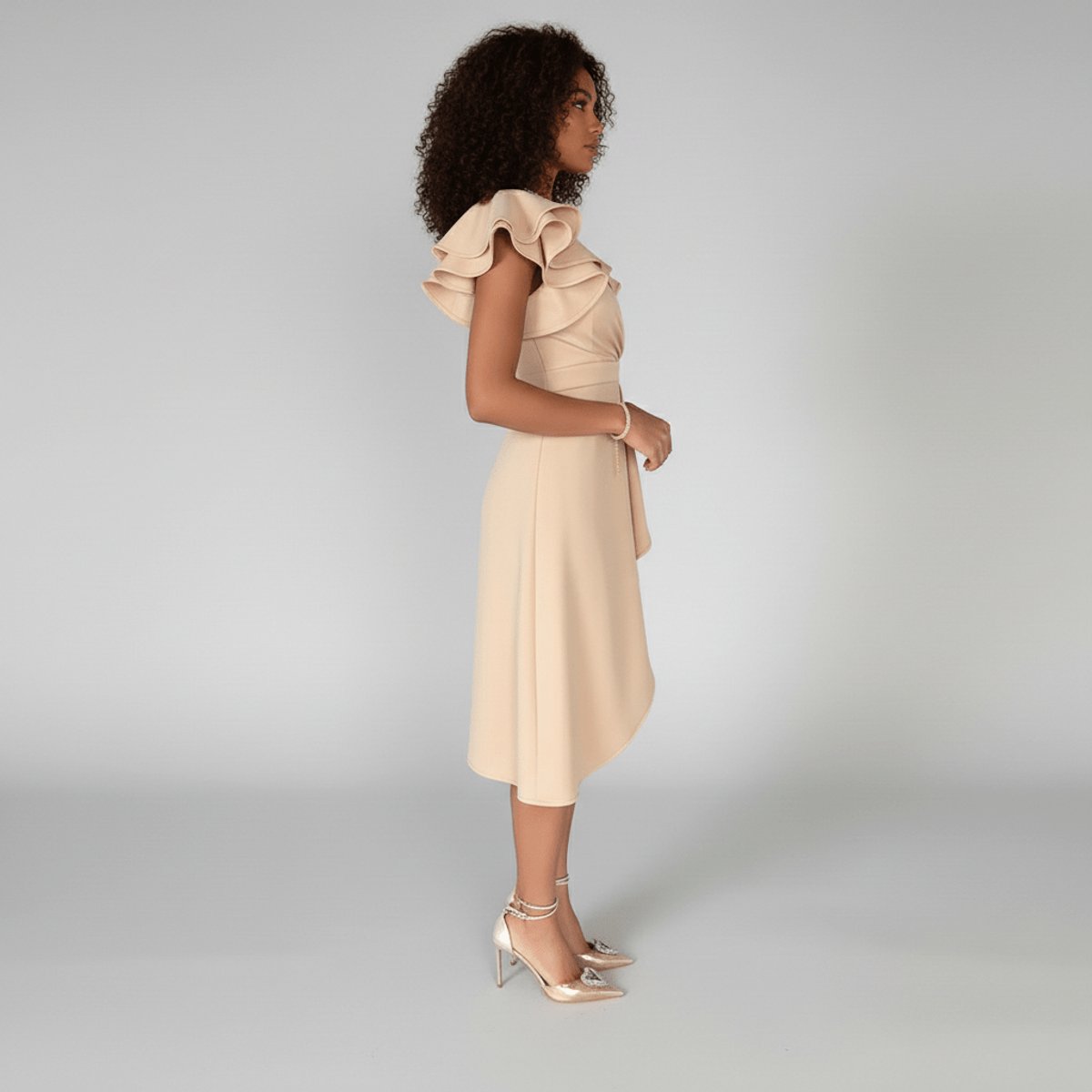 Mother of the Bride Dress Ruffle Sleeve Asymmetric Wrap Midi