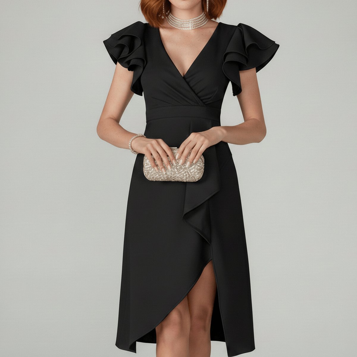 Mother of the Bride Dress Ruffle Sleeve Asymmetric Wrap Midi - Classic Black