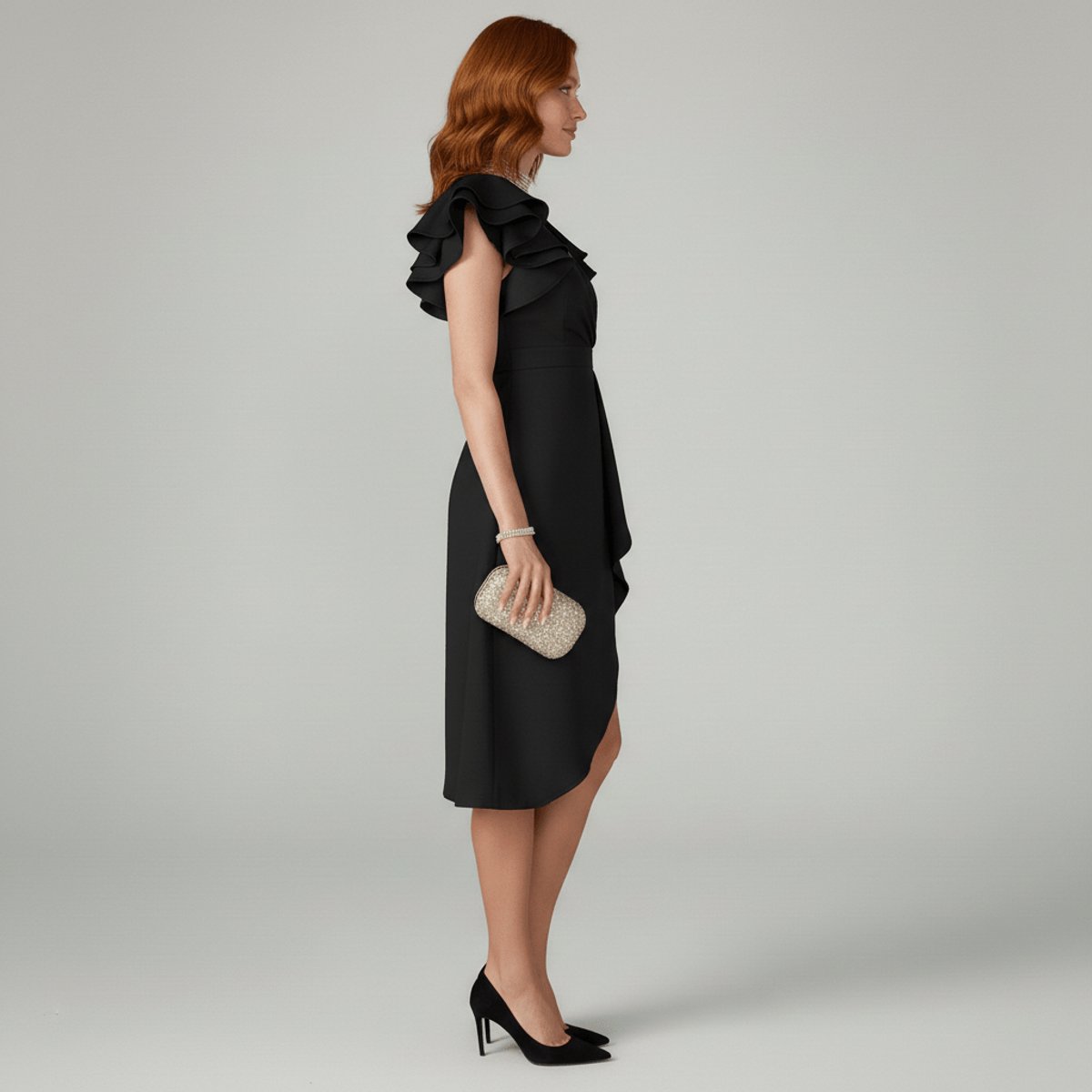 Mother of the Bride Dress Ruffle Sleeve Asymmetric Wrap Midi