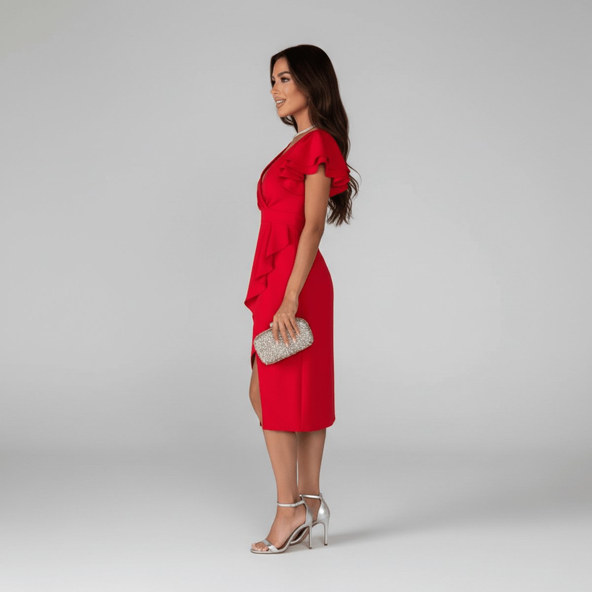 Mother of the Bride Dress Ruffle Sleeve Asymmetric Wrap Midi