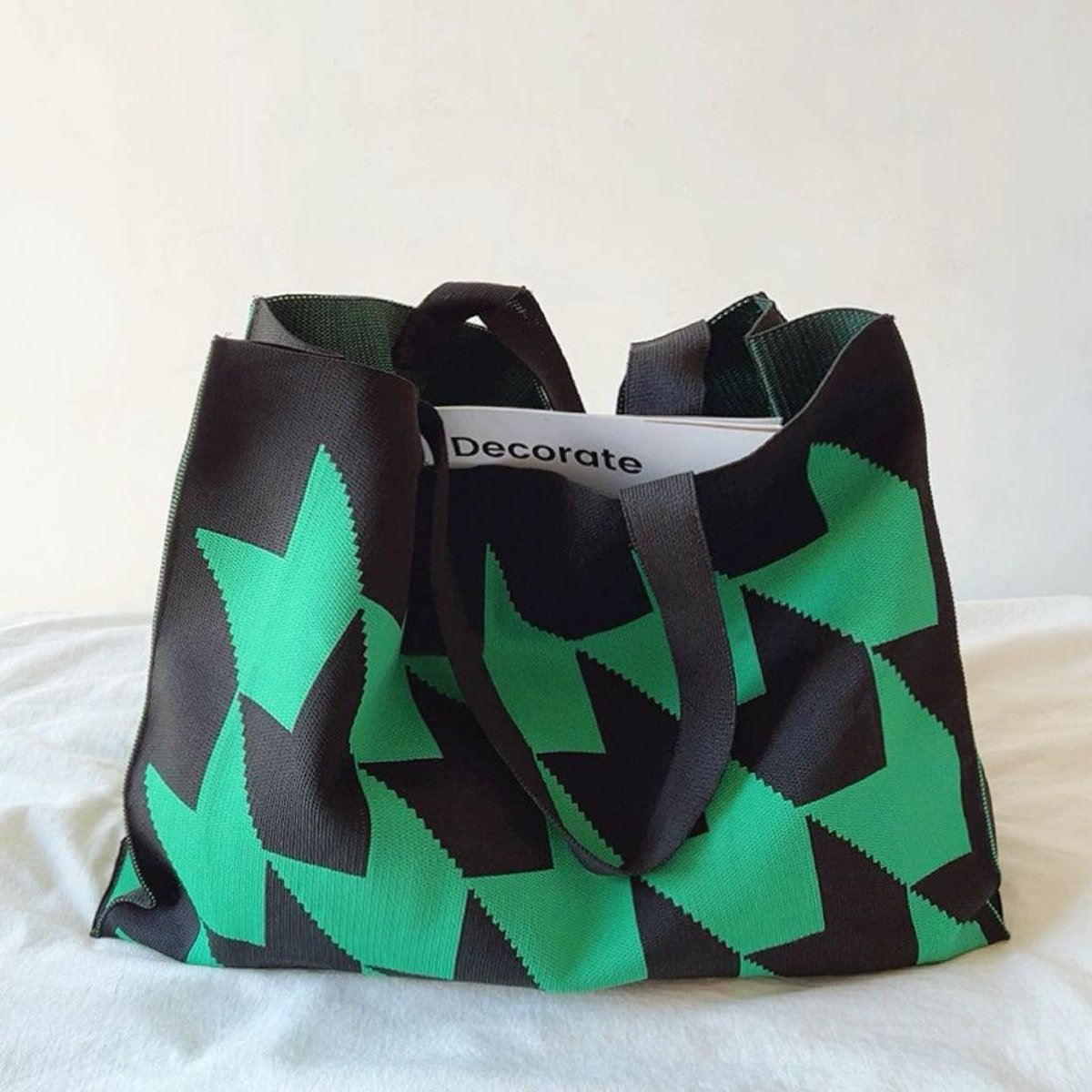 Oversized Graphic Knit Canvas Tote Shopper Bag - Grün