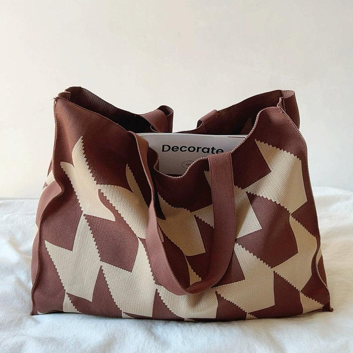 Oversized Graphic Knit Canvas Tote Shopper Bag - Braun