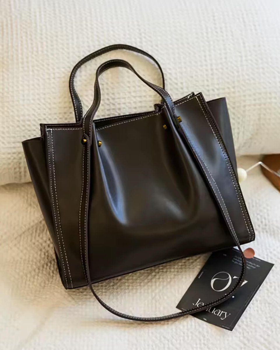 Vegan Leather Minimalist Tote Bag Contrast Stitch Shoulder Bag