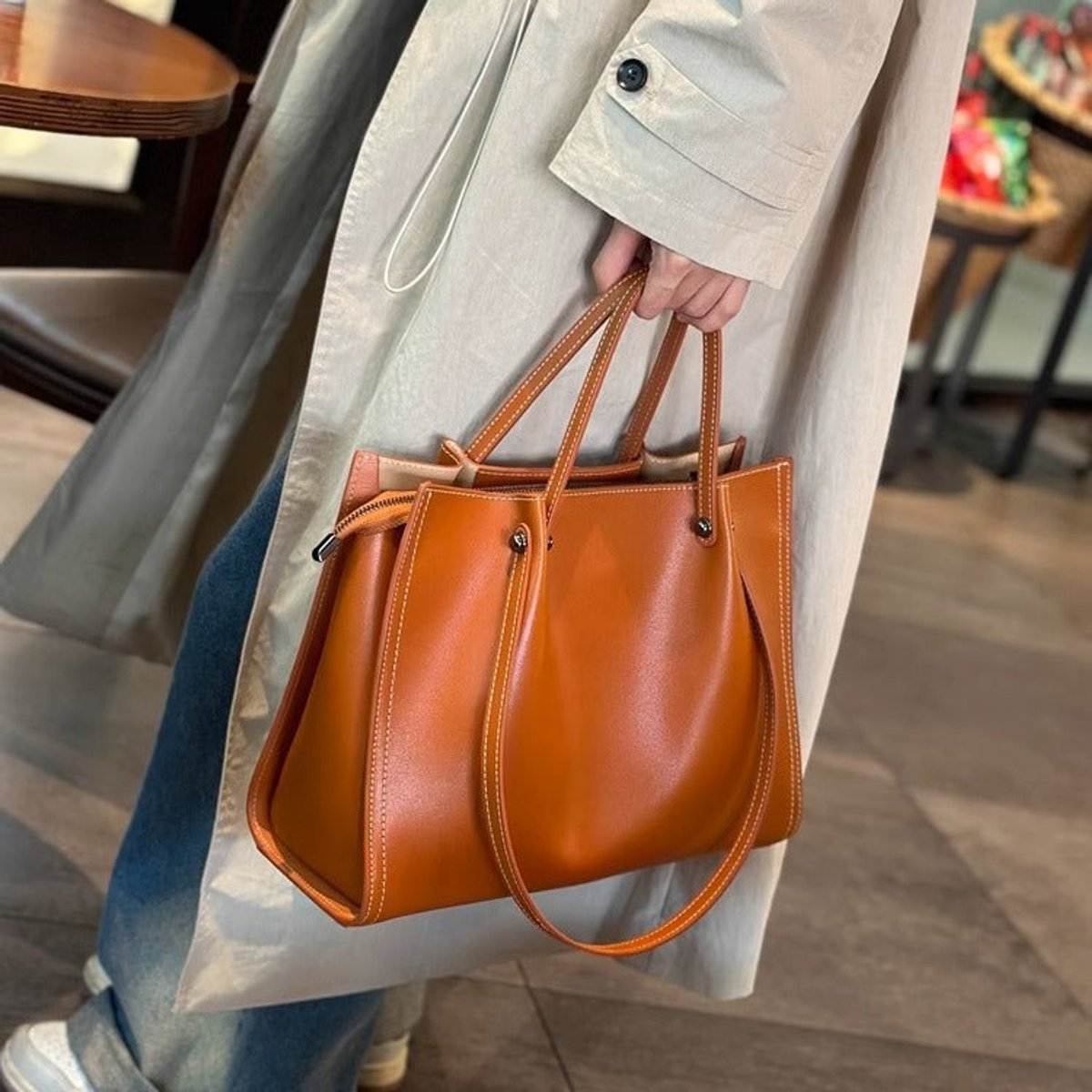 Vegan Leather Minimalist Tote Bag Contrast Stitch Shoulder Bag - Sunset Yellow