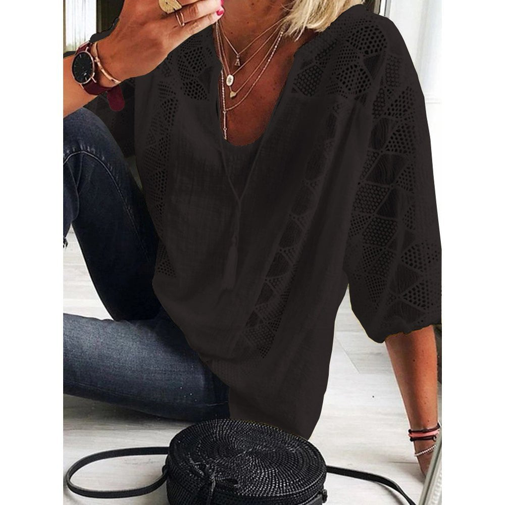 Women's Boho Crochet-Detail Loose Three-Quarter Sleeve Blouse - Black
