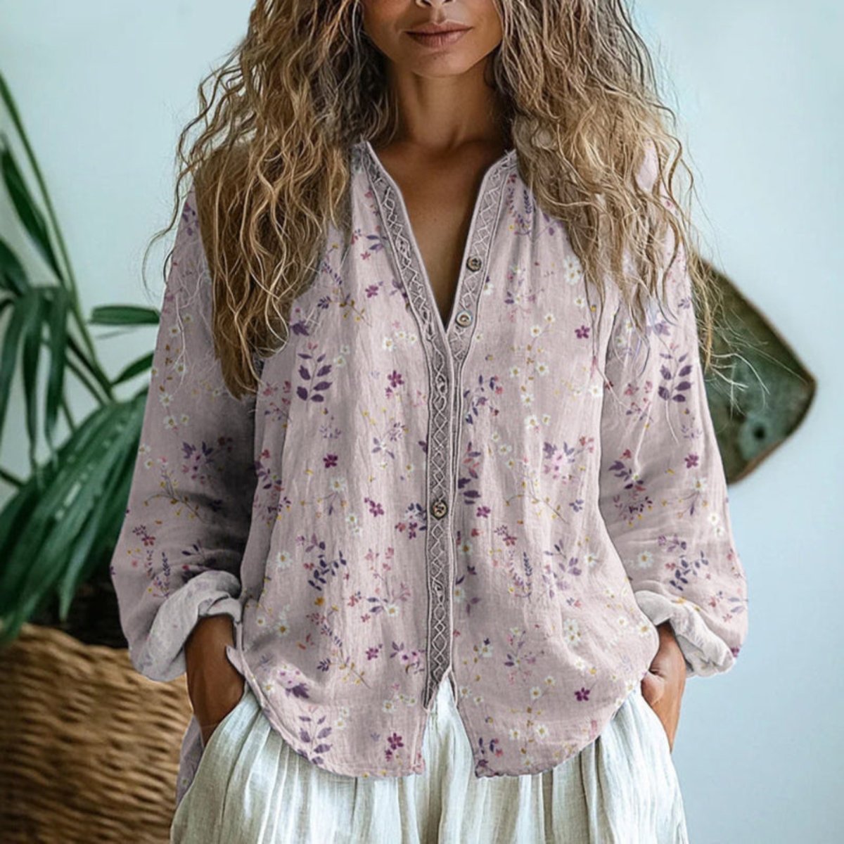Women's Boho Linen Long Sleeve Button-Down Cardigan Blouse - Light Pink