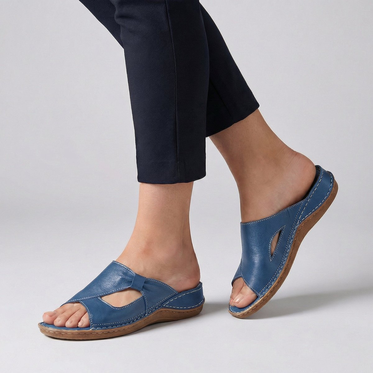 Women's Comfortable Sandals Slip-On Flat Mule Cut-Out Detail - Blue