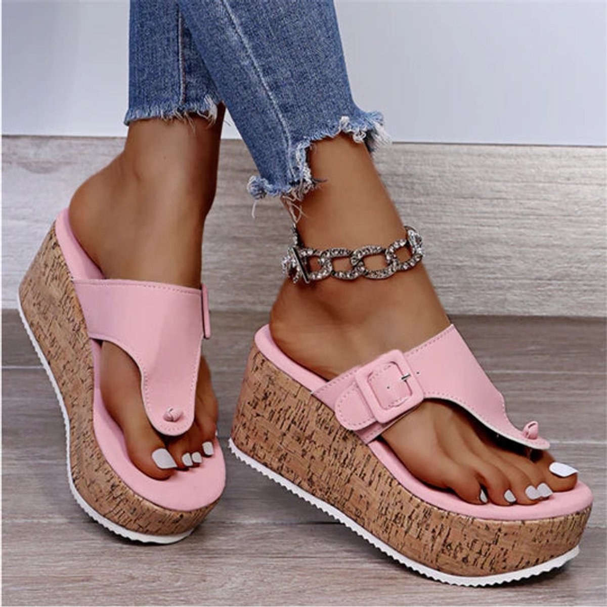 Women's Cork Wedge Thong Comfortable Sandals Platform Flip-Flops - Pink