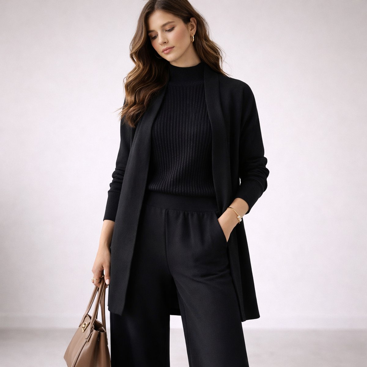 Women's Elegant Evening Gown Inspired Three-Piece Ribbed Knit Lounge Set - Black