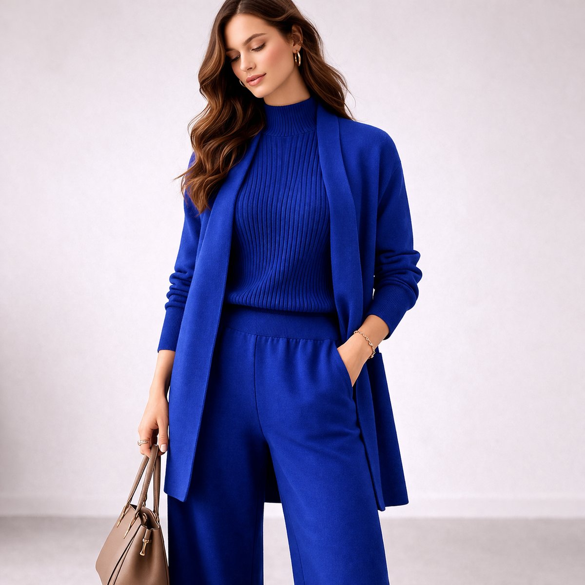 Women's Elegant Evening Gown Inspired Three-Piece Ribbed Knit Lounge Set - Blue
