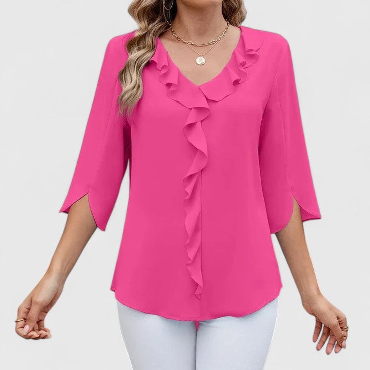Women's Elegant Ruffle V-Neck Chiffon Blouse - Pink