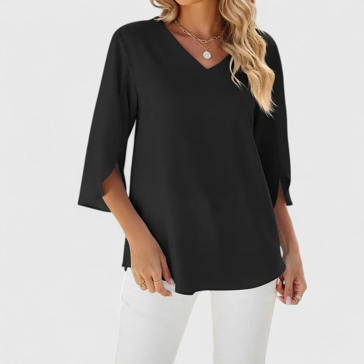 Women's Elegant Ruffle V-Neck Chiffon Blouse - Classic Black