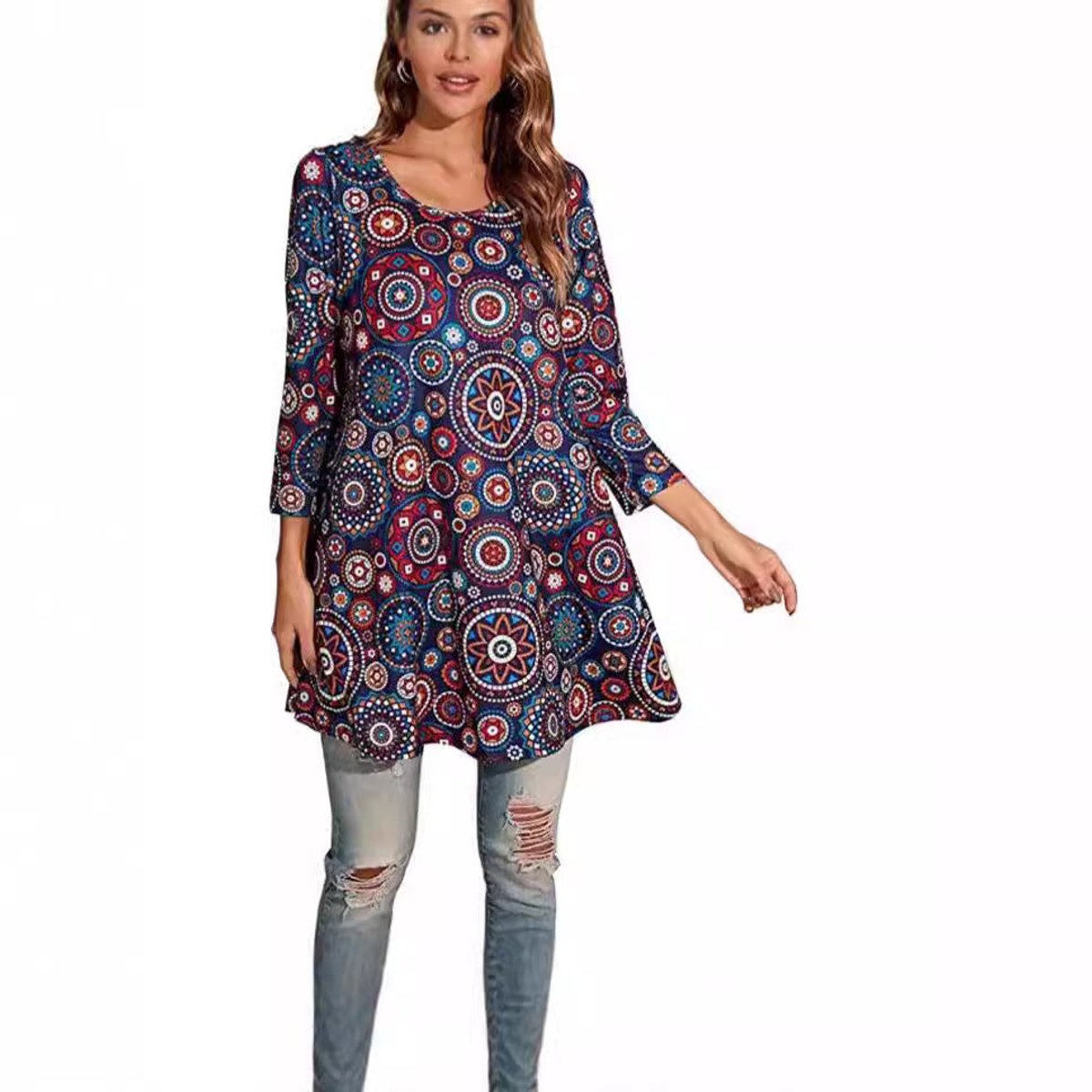 Women's Flared Mandala-Print 3/4 Sleeve Tunic Top