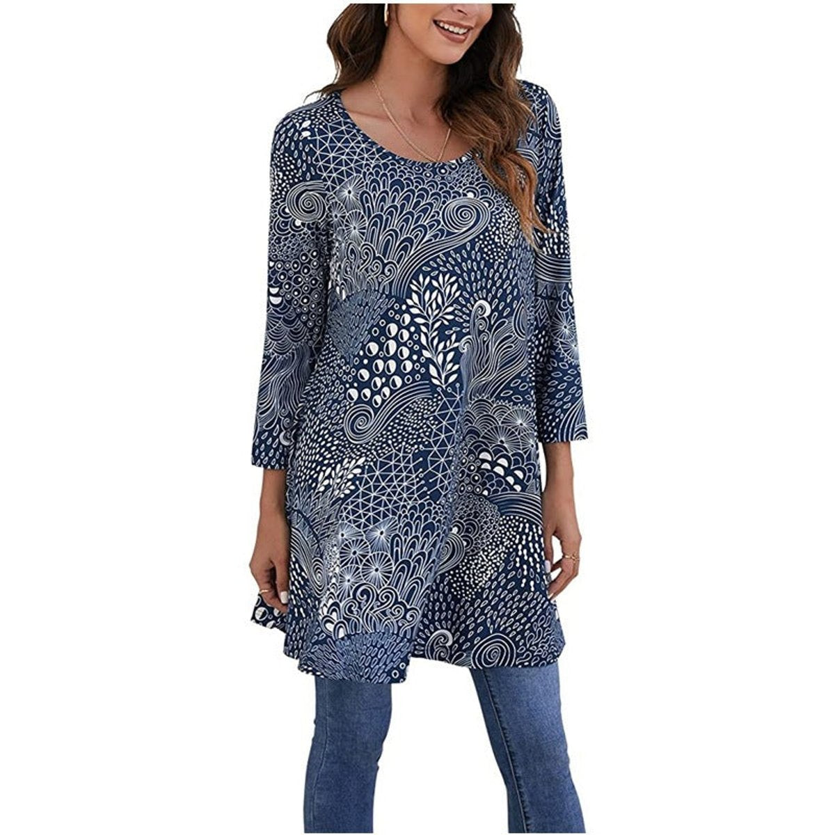 Women's Flared Mandala-Print 3/4 Sleeve Tunic Top - A12