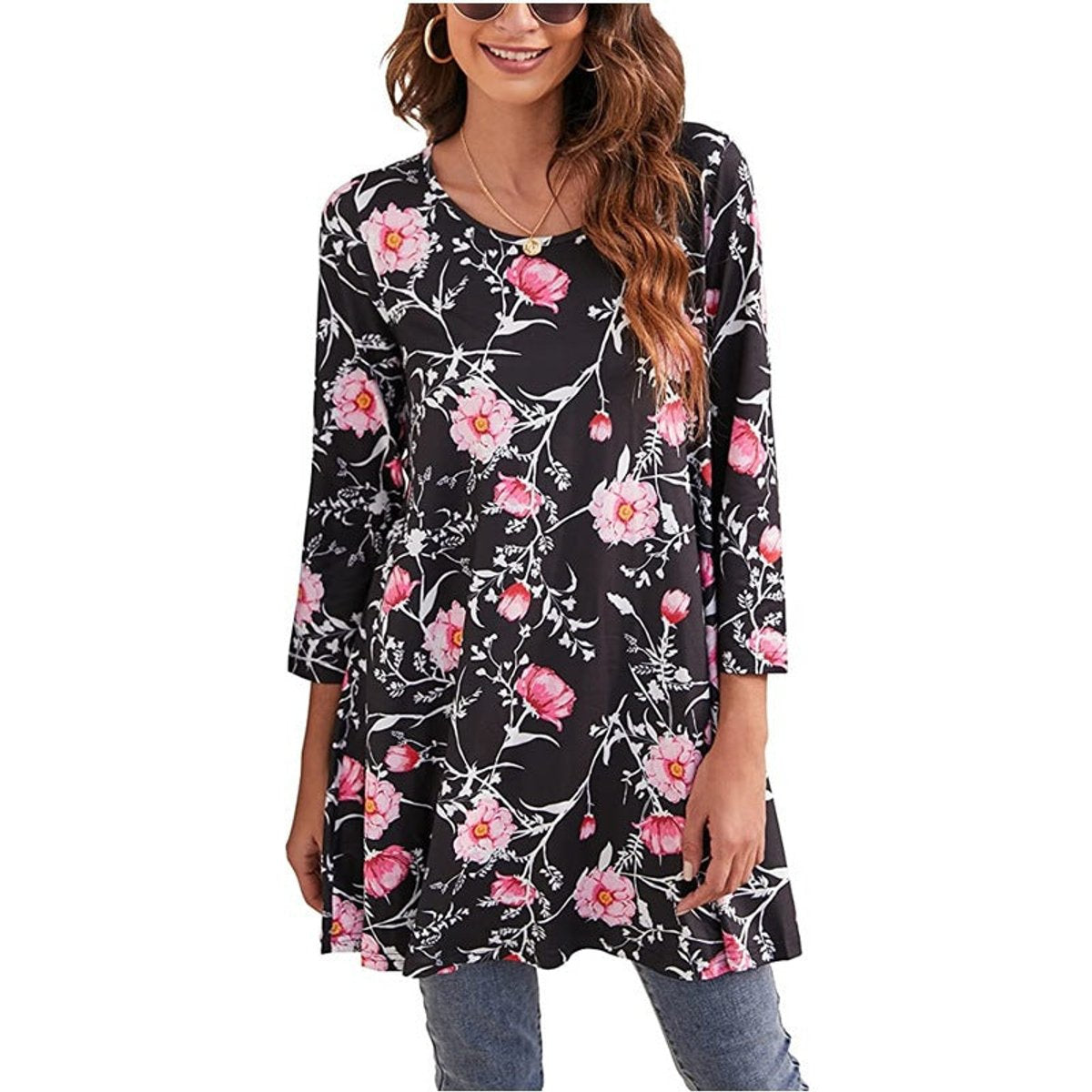 Women's Flared Mandala-Print 3/4 Sleeve Tunic Top - A4