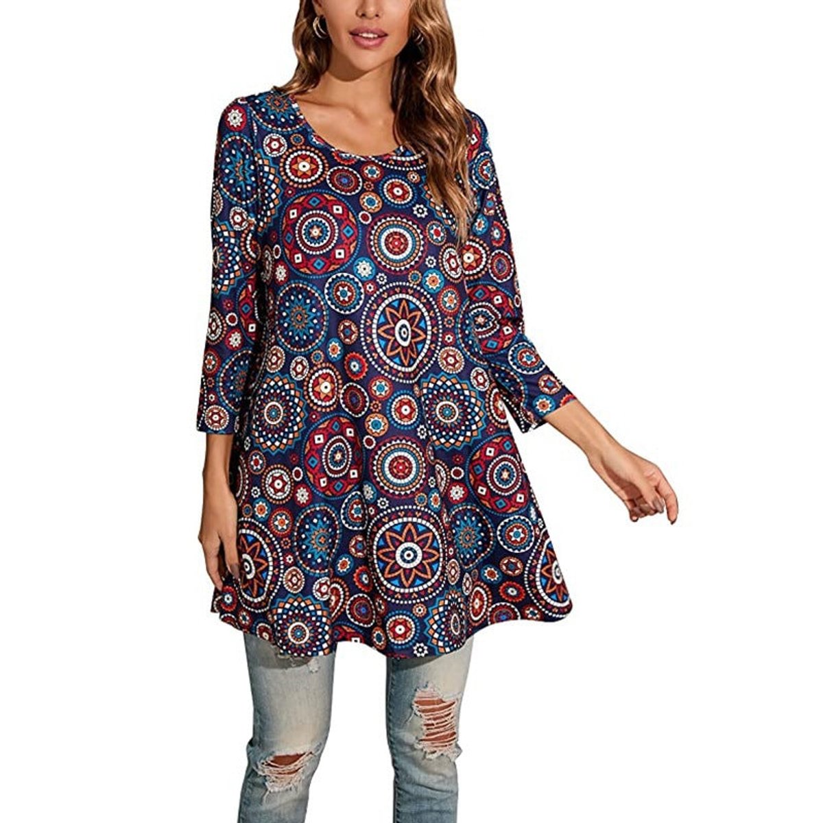 Women's Flared Mandala-Print 3/4 Sleeve Tunic Top - 11