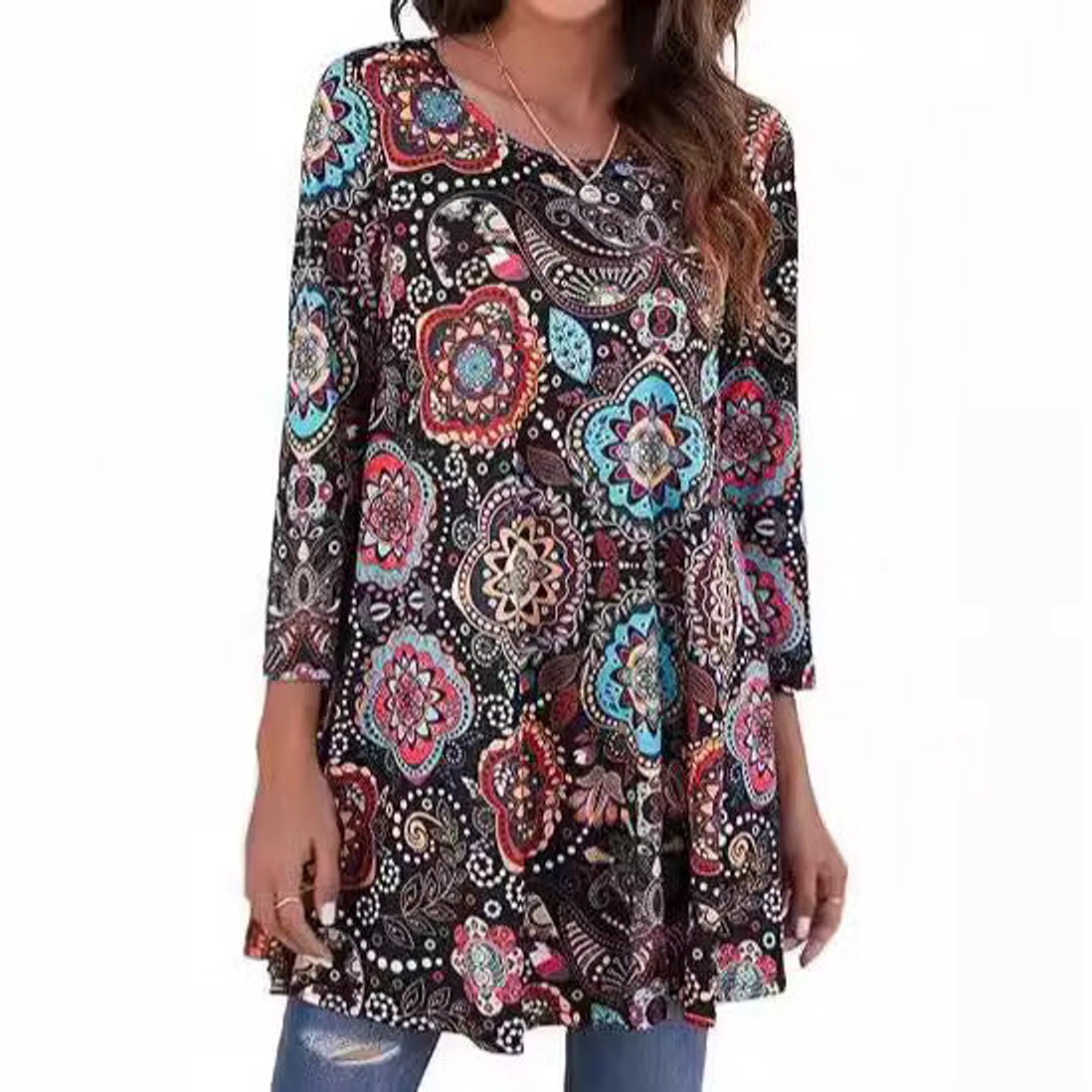 Women's Flared Mandala-Print 3/4 Sleeve Tunic Top