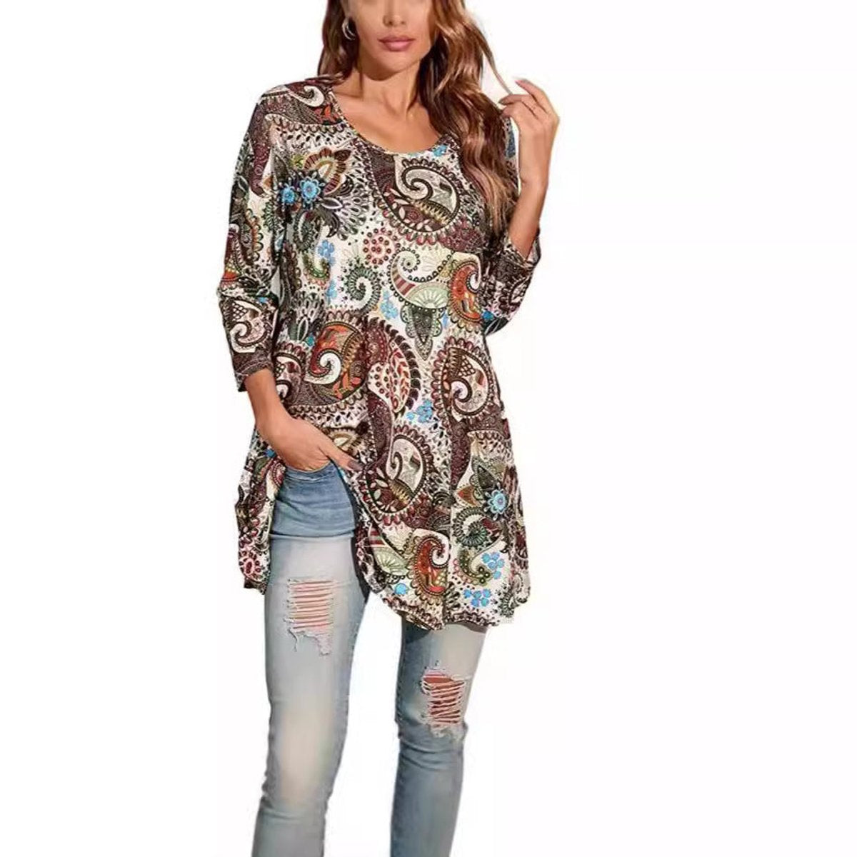 Women's Flared Mandala-Print 3/4 Sleeve Tunic Top