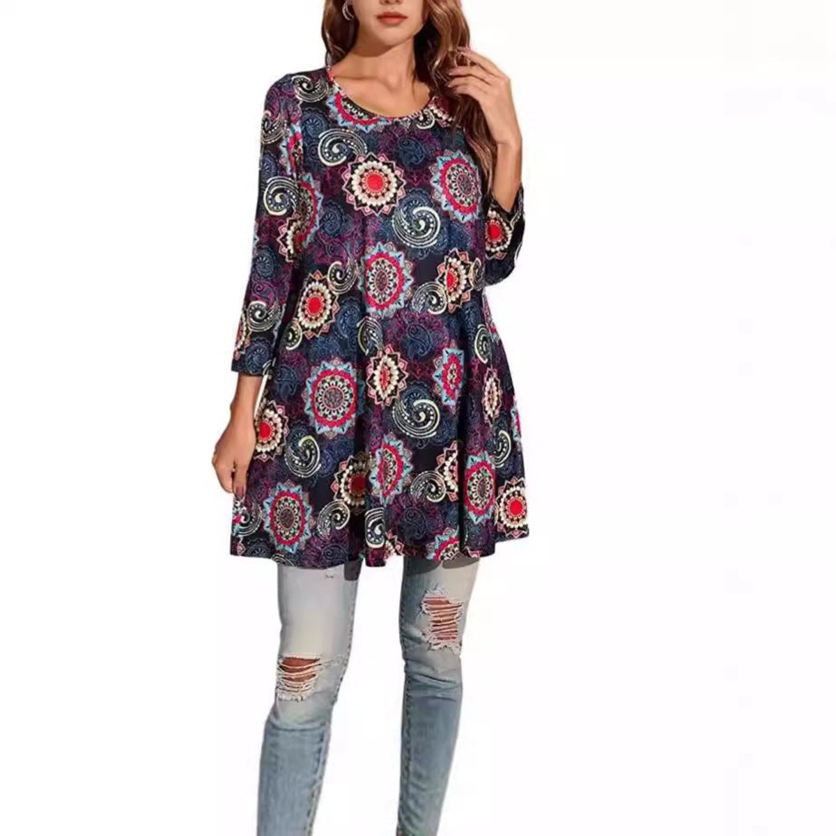 Women's Flared Mandala-Print 3/4 Sleeve Tunic Top
