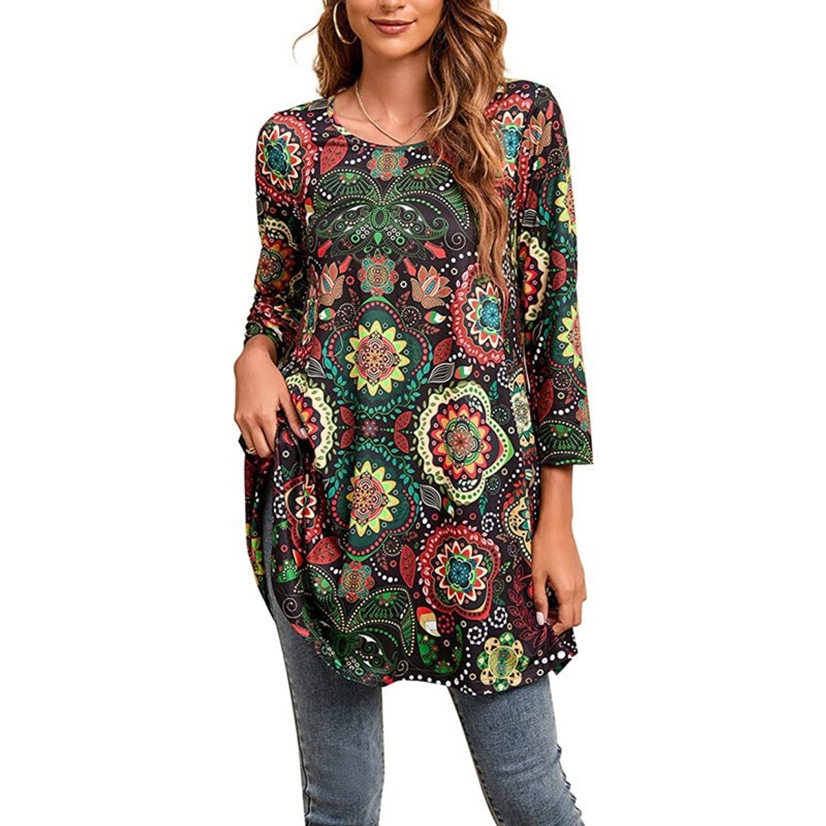 Women's Flared Mandala-Print 3/4 Sleeve Tunic Top - A16