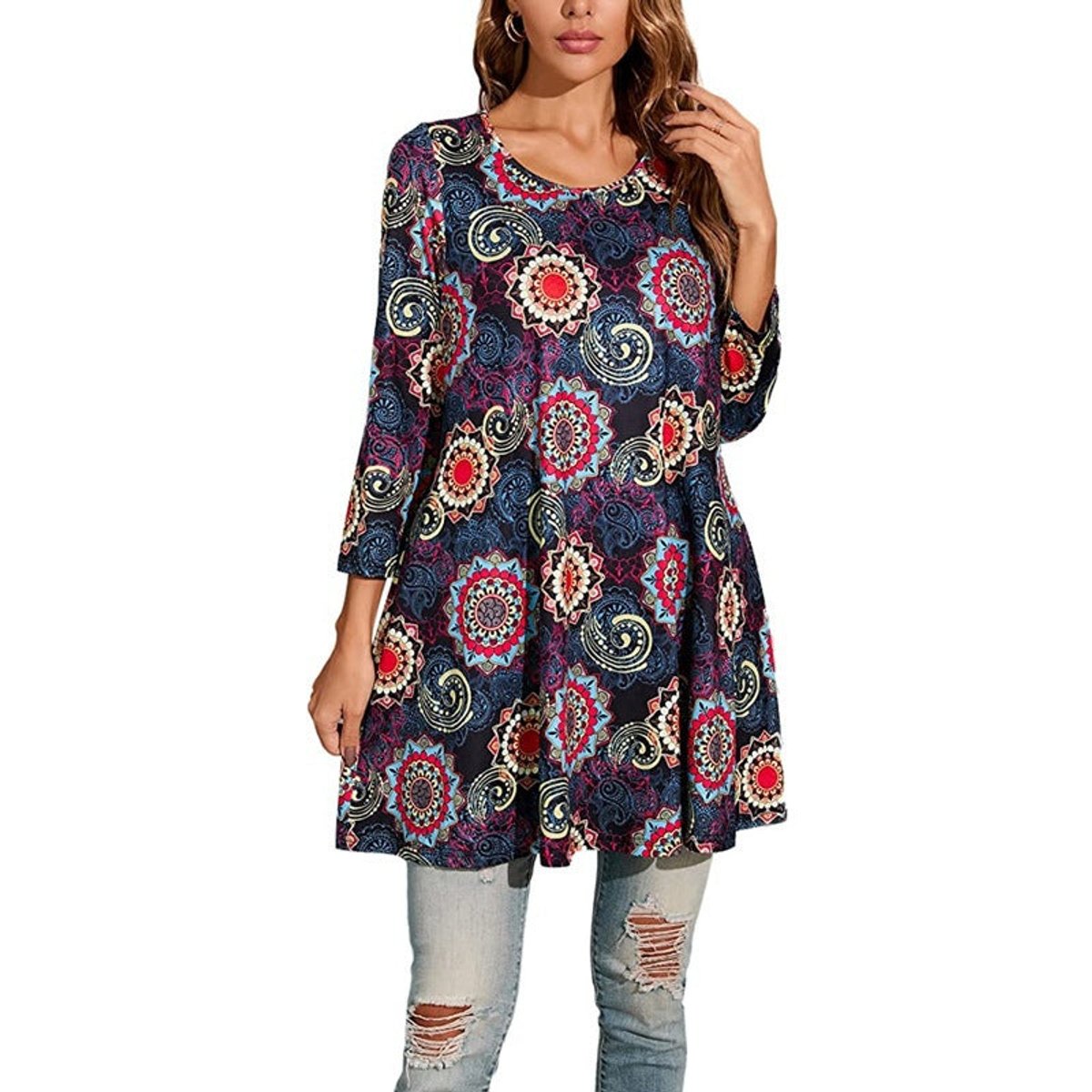 Women's Flared Mandala-Print 3/4 Sleeve Tunic Top - Grau