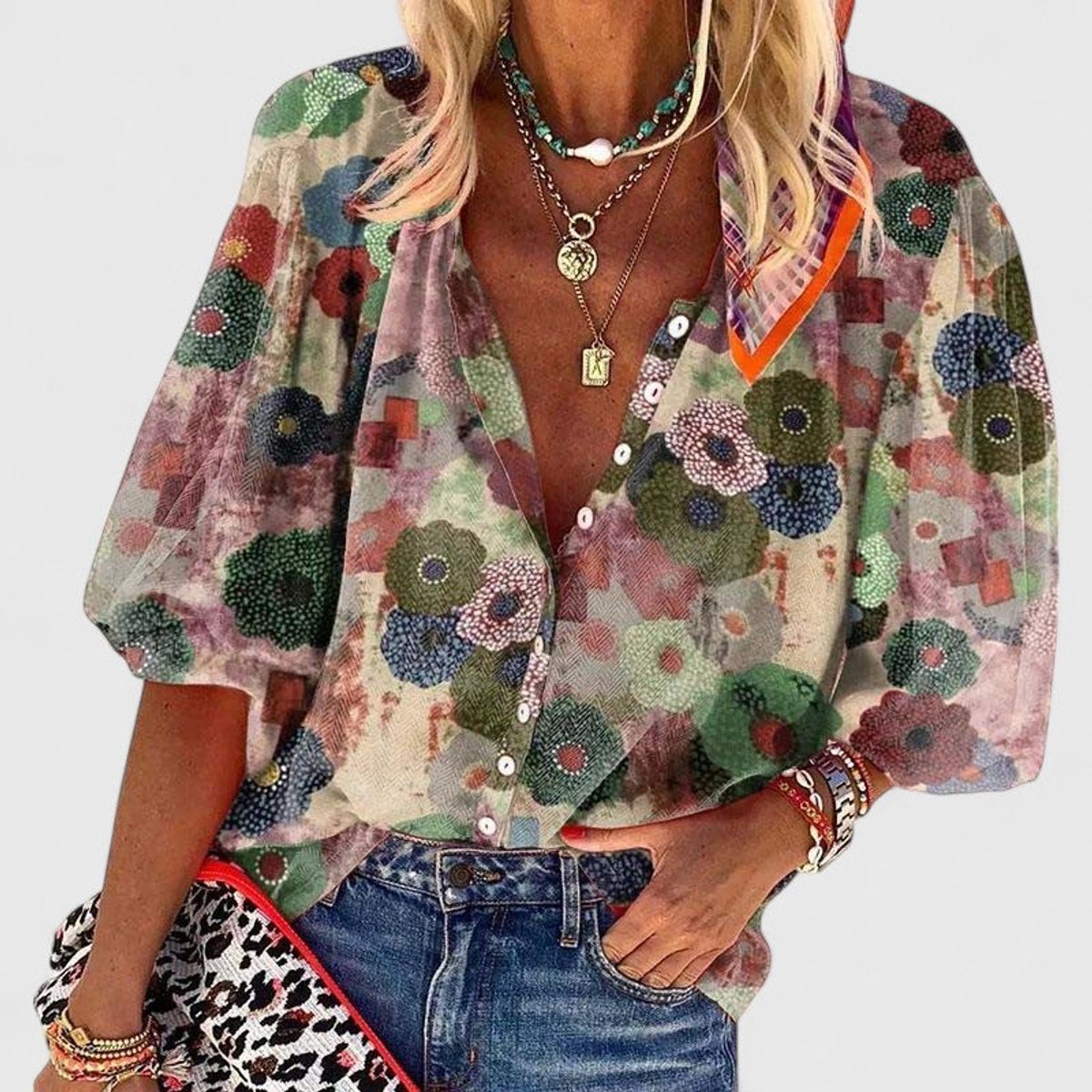 Women's Floral Print V-Neck Button-Up Relaxed-Fit Blouse - Green
