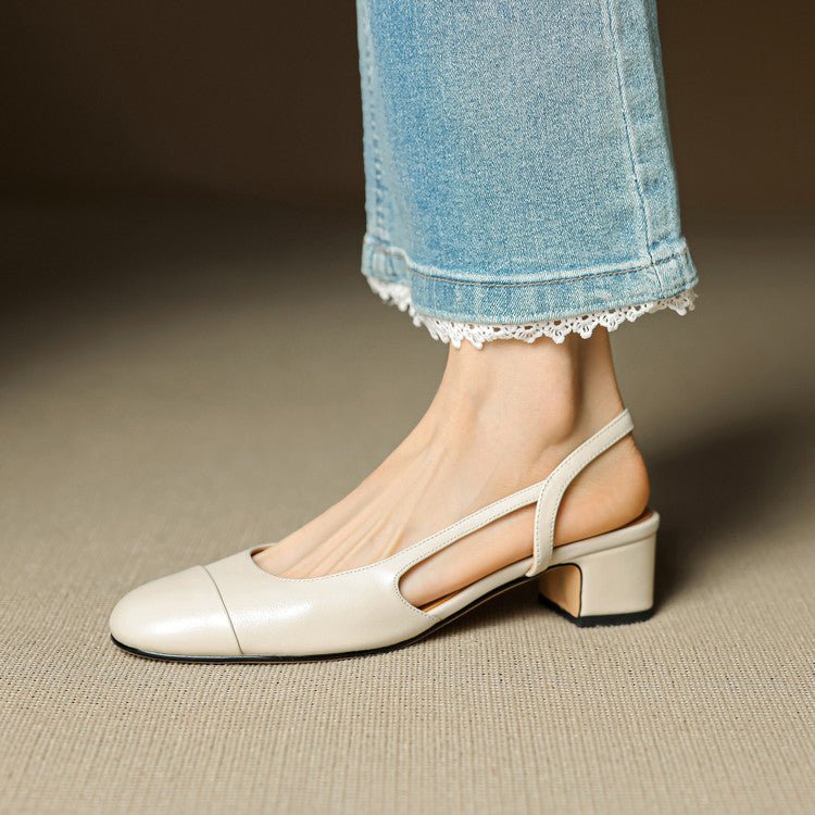 Women's Genuine Leather Slingback Block-Heel Pumps - Beige