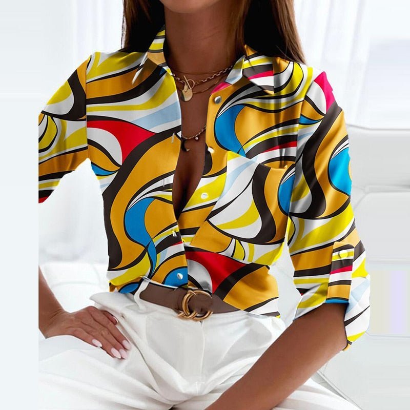 Women's Geometric Print Button-Down Collared Blouse - Yellow