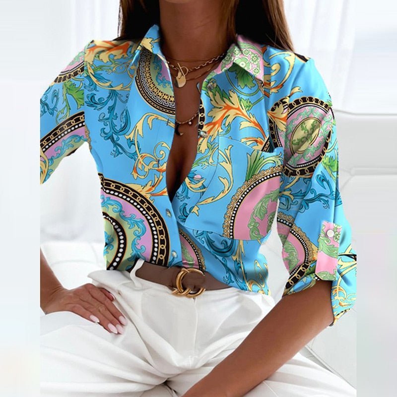 Women's Geometric Print Button-Down Collared Blouse - Light Blue