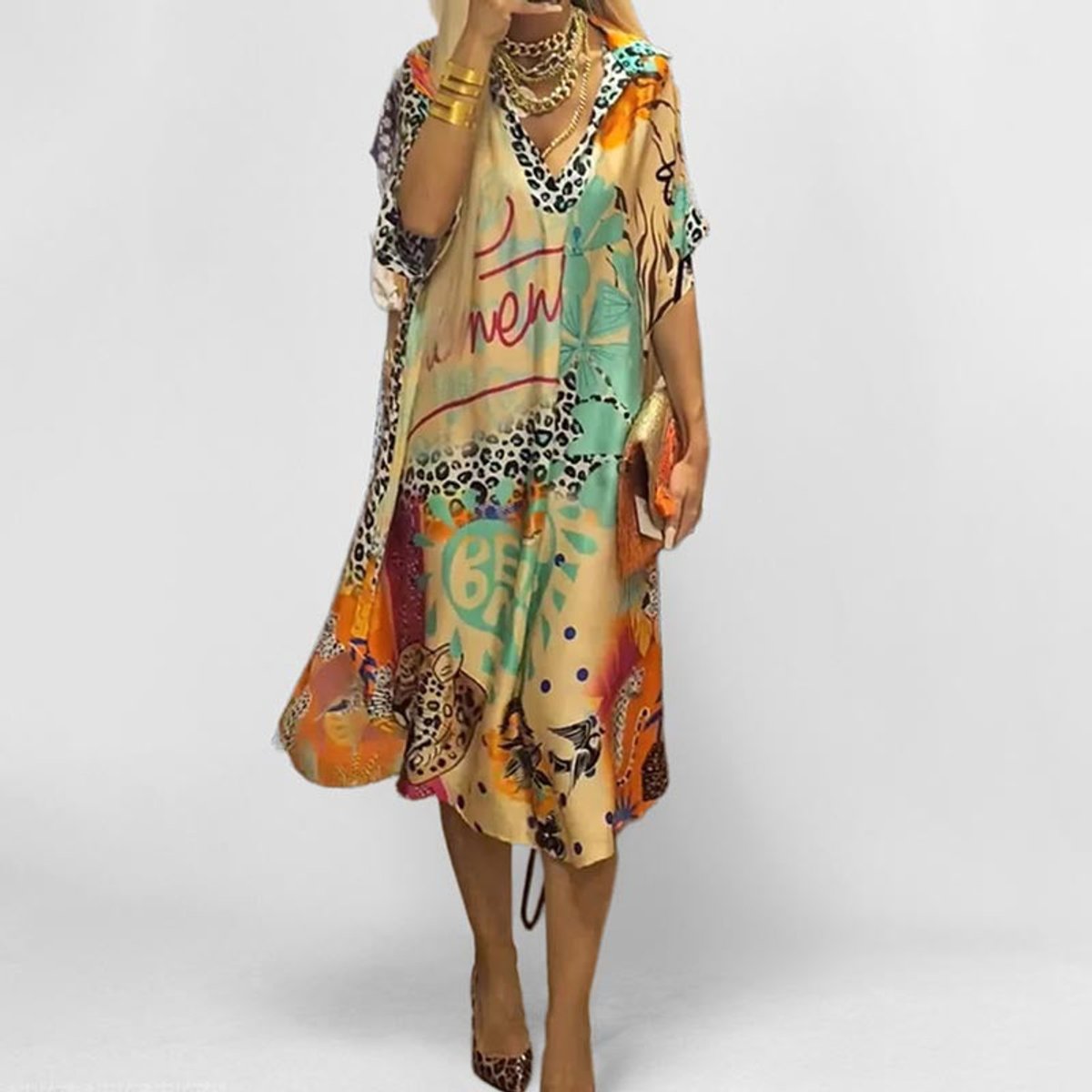 Women's Graphic Print V-Neck Relaxed Swing Tunic Dress - Blau