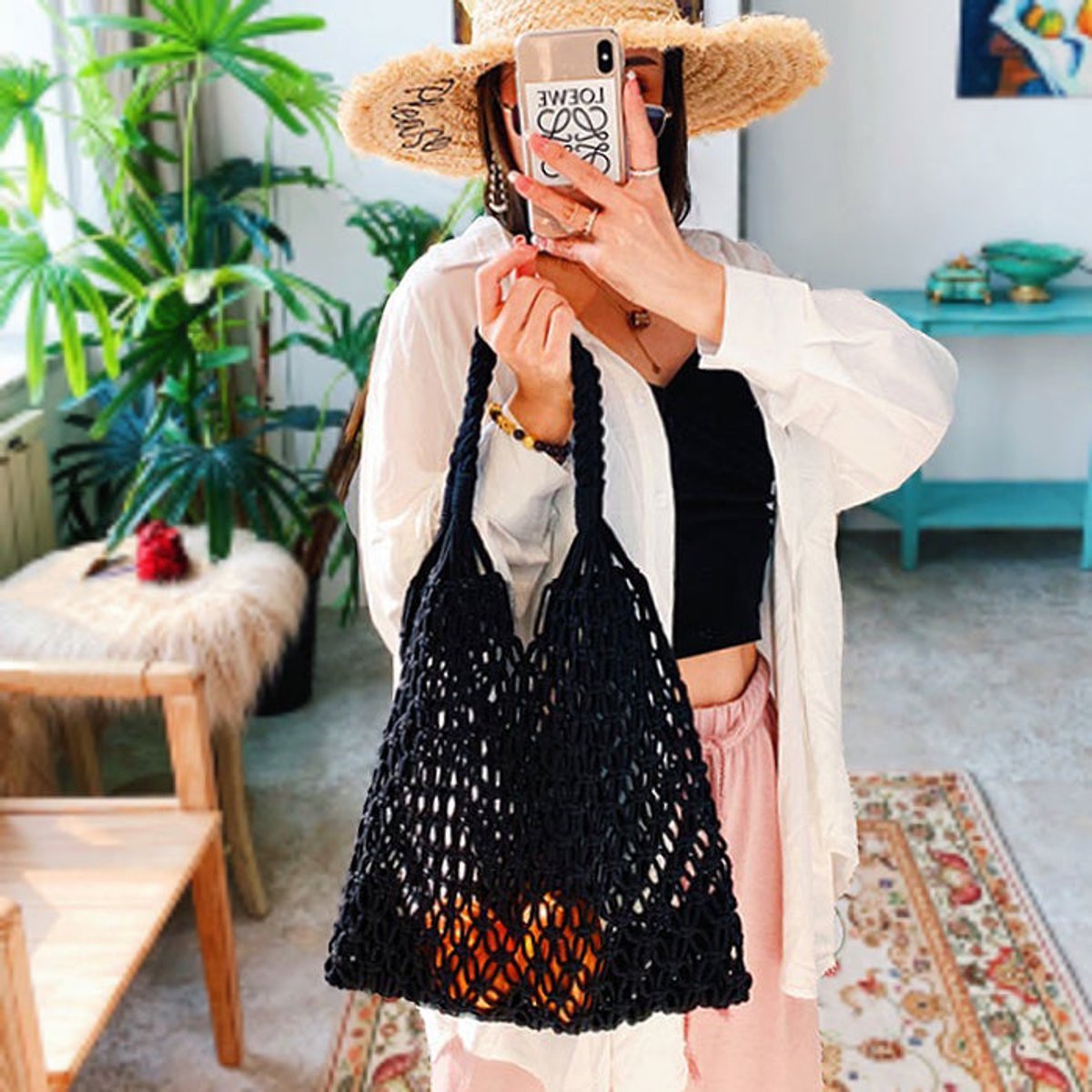 Women's Handwoven Macrame Cotton Mesh Market Tote Bag