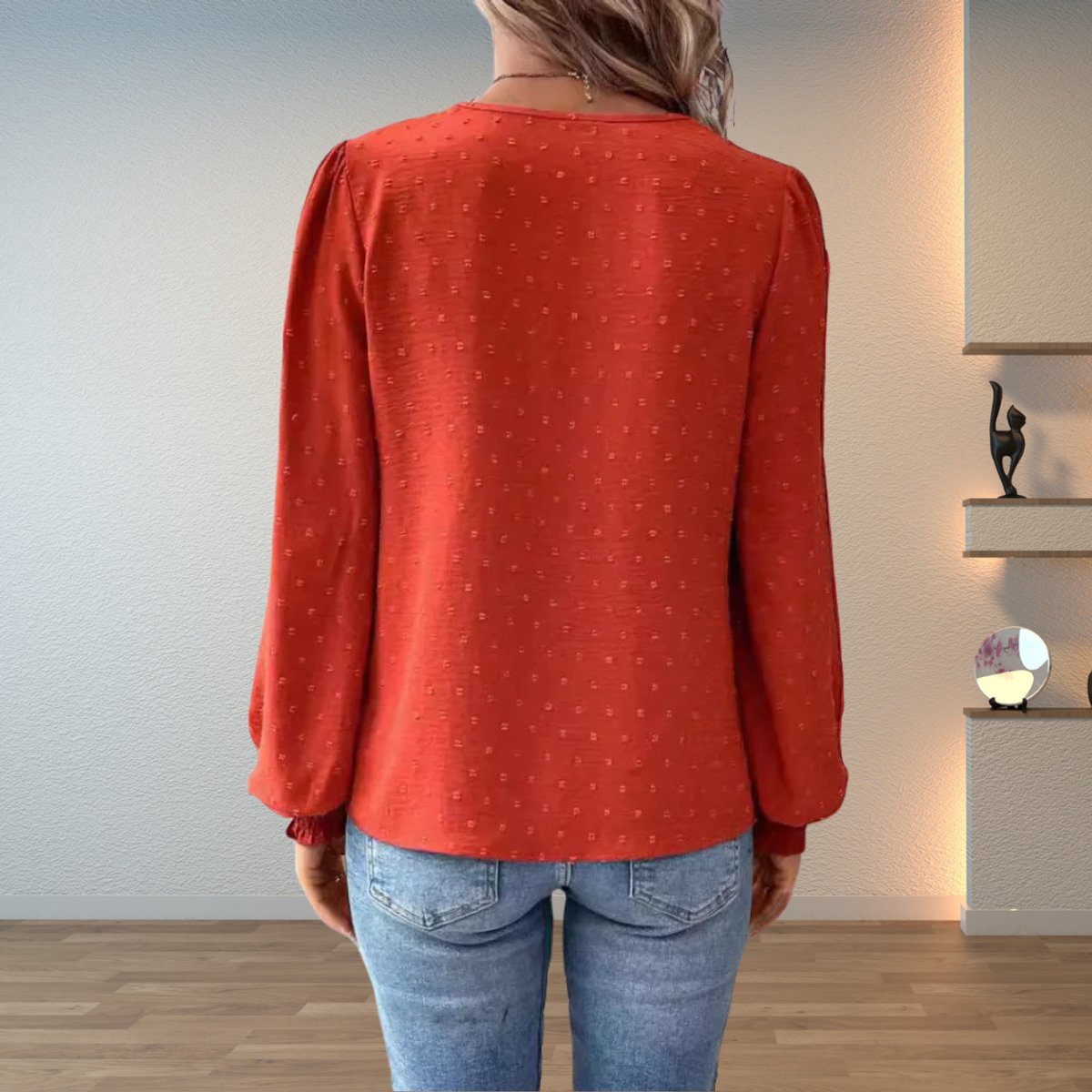 Women's Lace Bodice V-Neck Long Sleeve Smocked Cuff Blouse