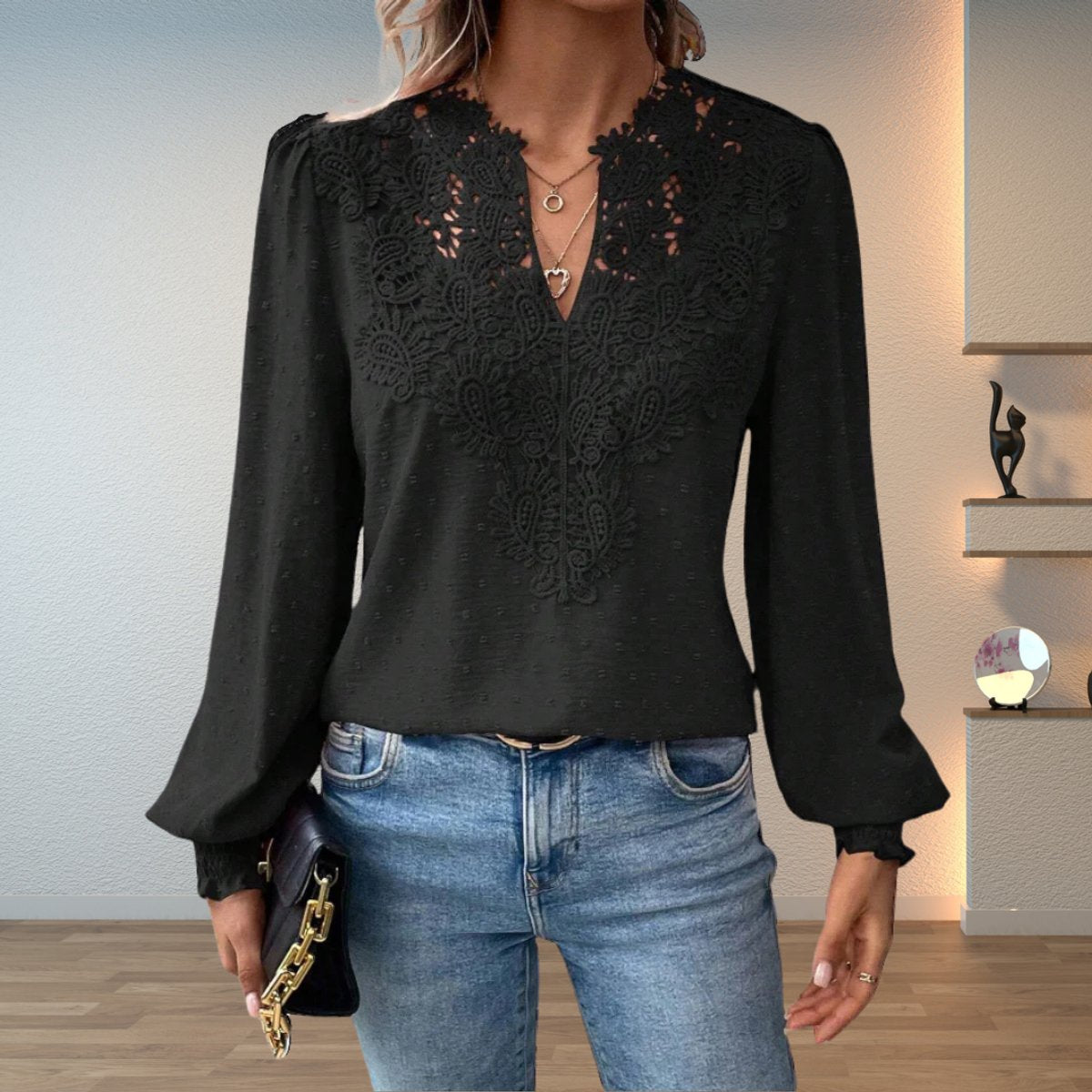 Women's Lace Bodice V-Neck Long Sleeve Smocked Cuff Blouse - Black