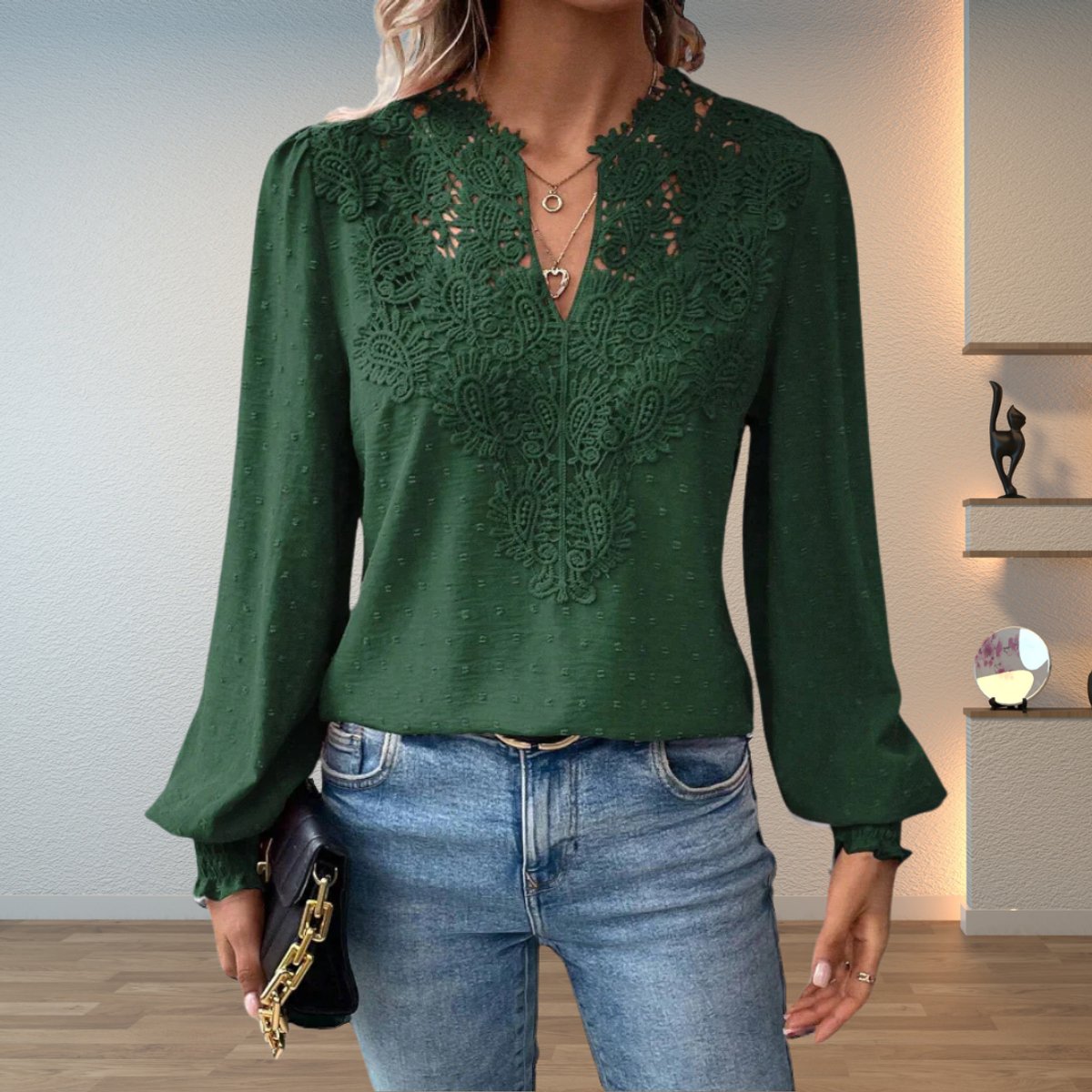 Women's Lace Bodice V-Neck Long Sleeve Smocked Cuff Blouse - Dark Green