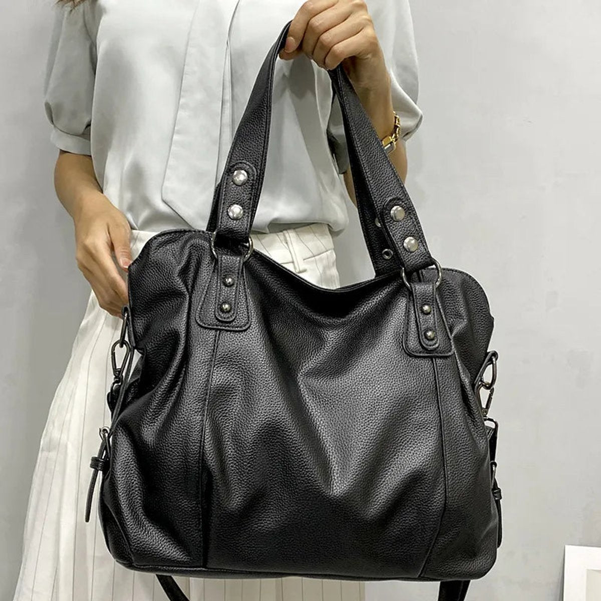 Women's Large Leather-Look Studded Shoulder Tote Bag - Creme