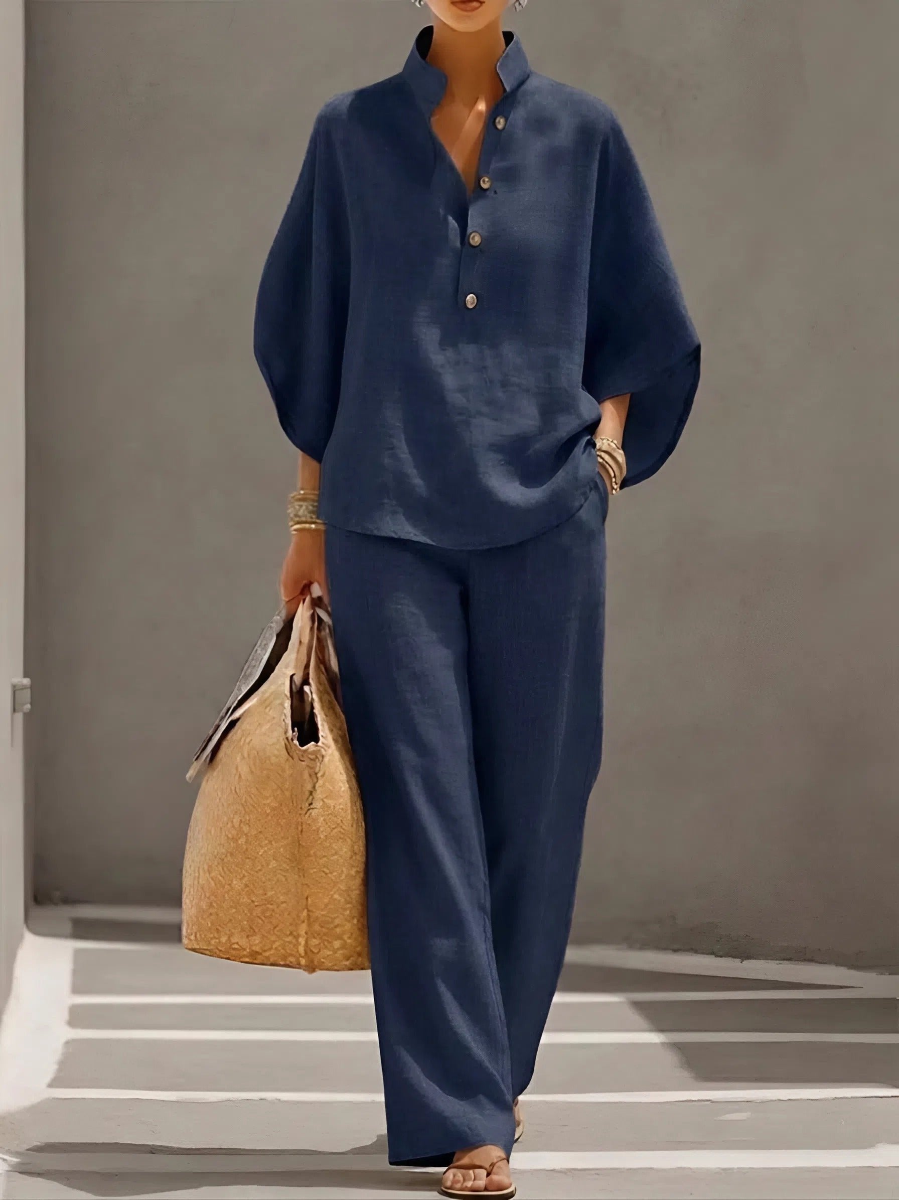 Women's Linen Kimono-Sleeve Mandarin-Collar Wide-Leg Pants Set - Navy