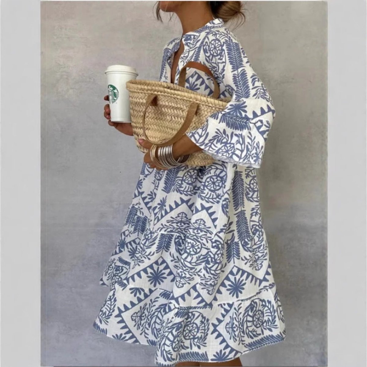 Women's Loose Floral Print Tunic Dress Short Sleeve Swing Mini