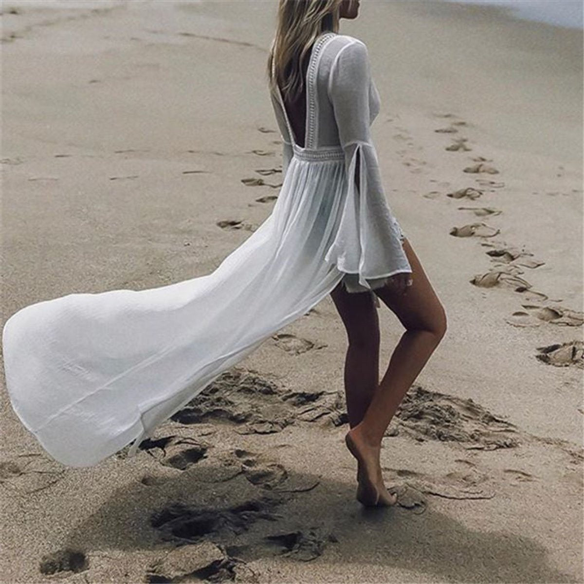 Women's Open-Back Maxi Beach Tunic Flare Sleeve Cover-Up