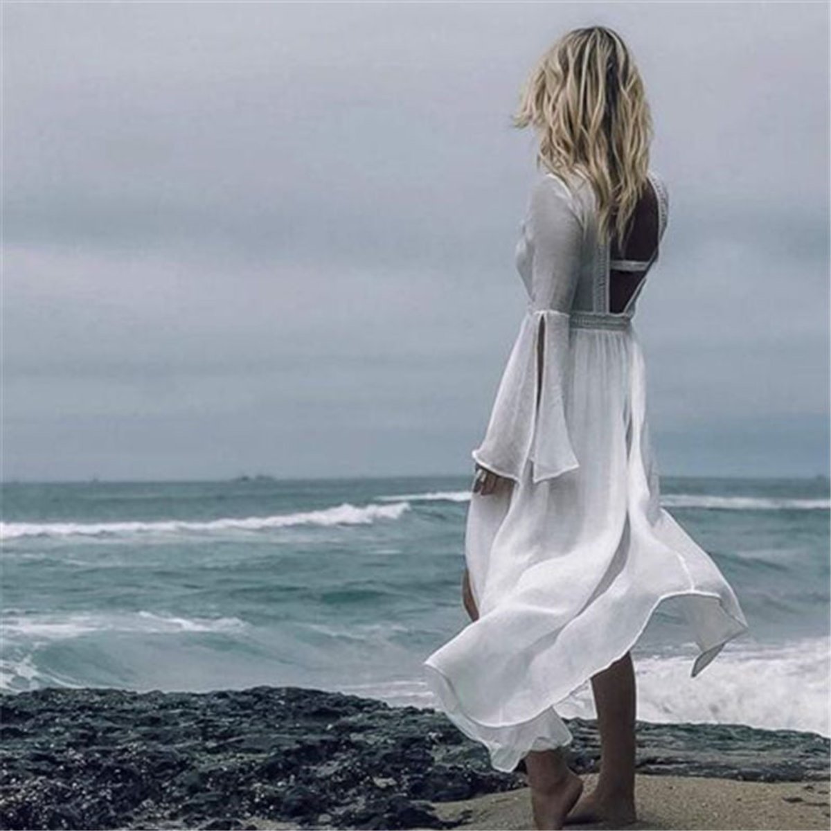Women's Open-Back Maxi Beach Tunic Flare Sleeve Cover-Up