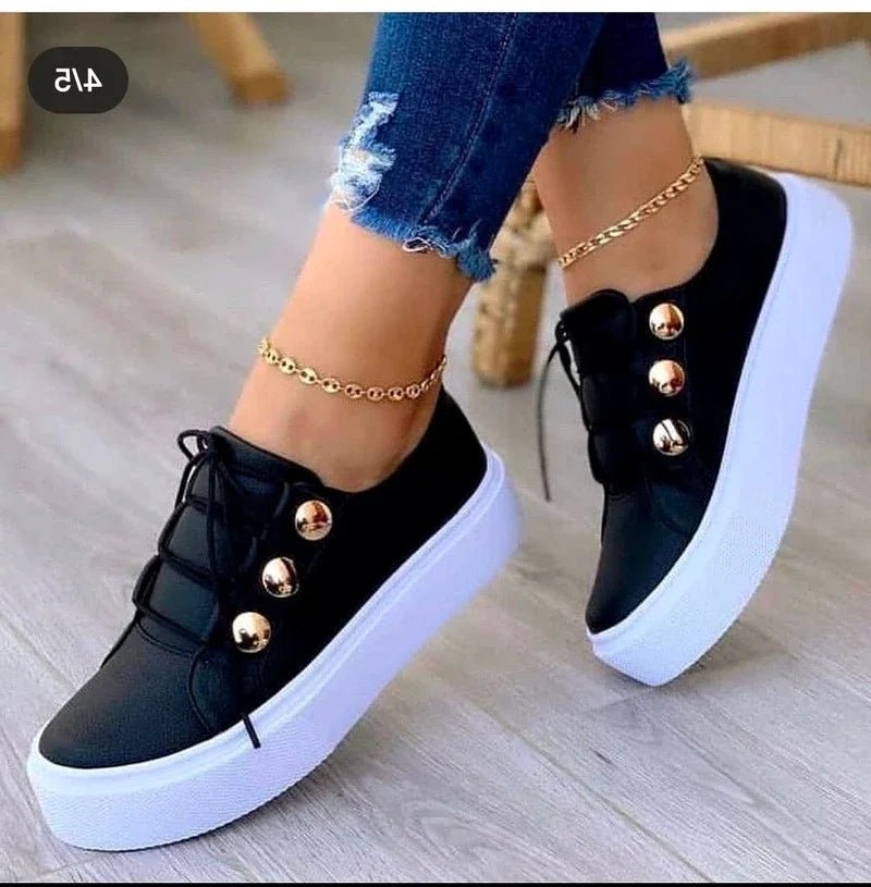 Women's Orthopedic Round-Toe Gold-Stud Platform Sneakers - Black (Almost sold out!)