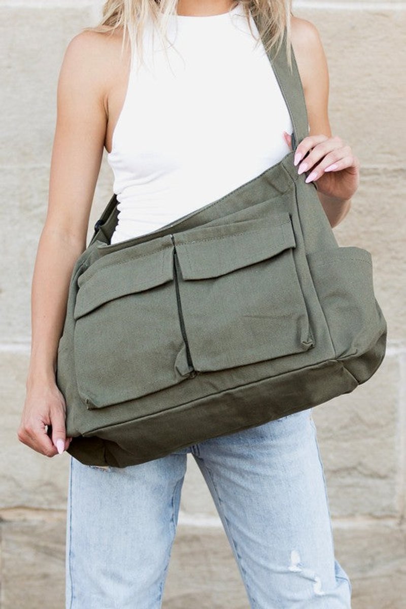 Women's Oversized Canvas Crossbody Messenger Bag Multi-Pocket - Olive