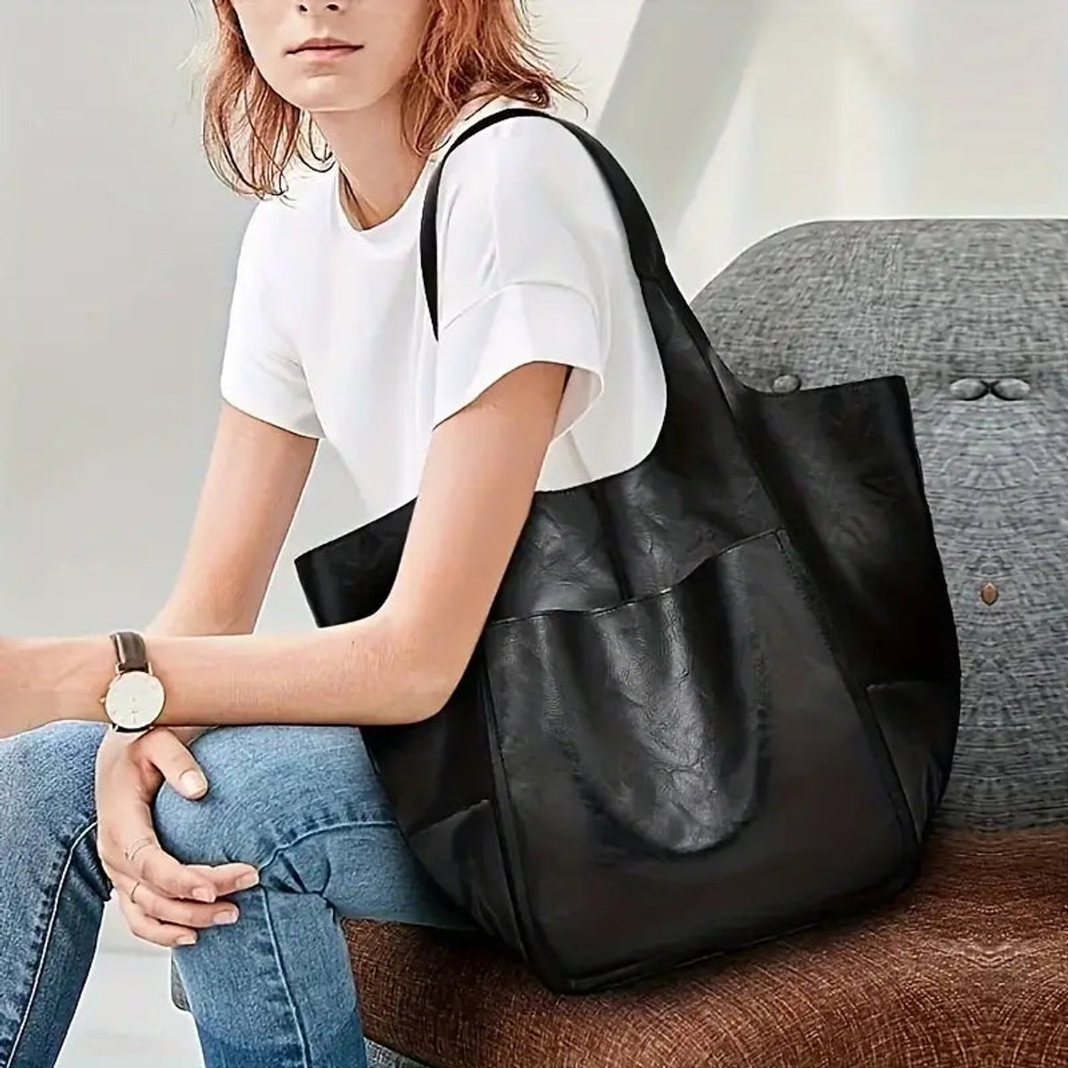 Women's Oversized Faux Leather Magnetic Closure Tote Bag